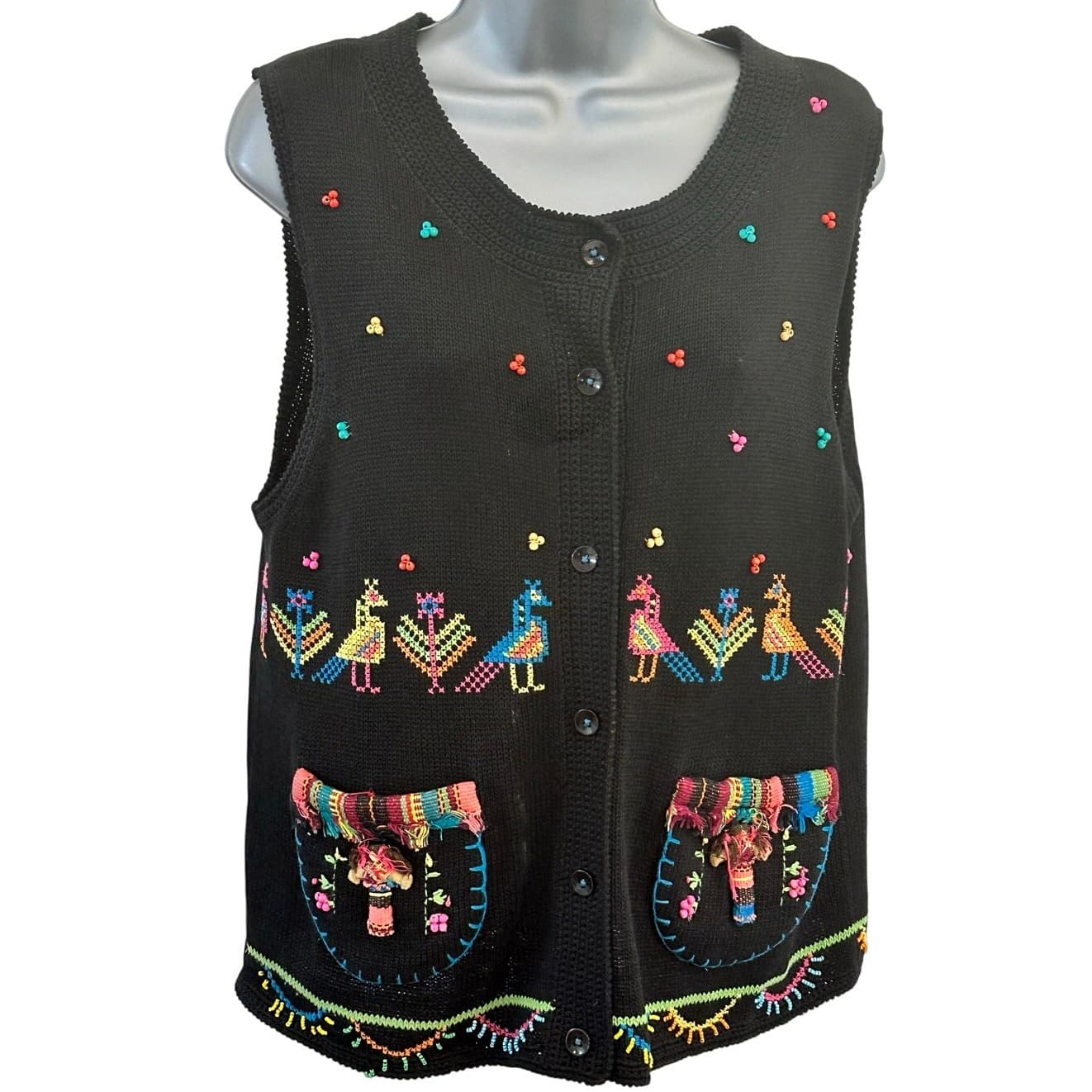 Sharon Young Vintage Cross Stitch & Beaded Black Woven Vest Women's Size Medium