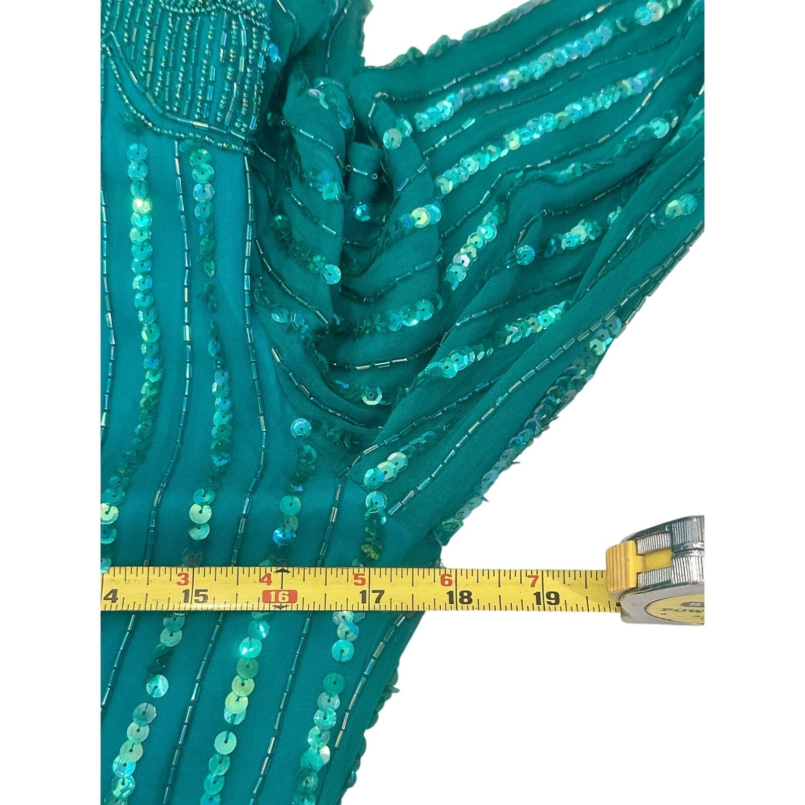 Nadine Boutique Vintage 100% Silk Hand Beaded Turquoise Green Cocktail Dress-M - Thumbnail 18