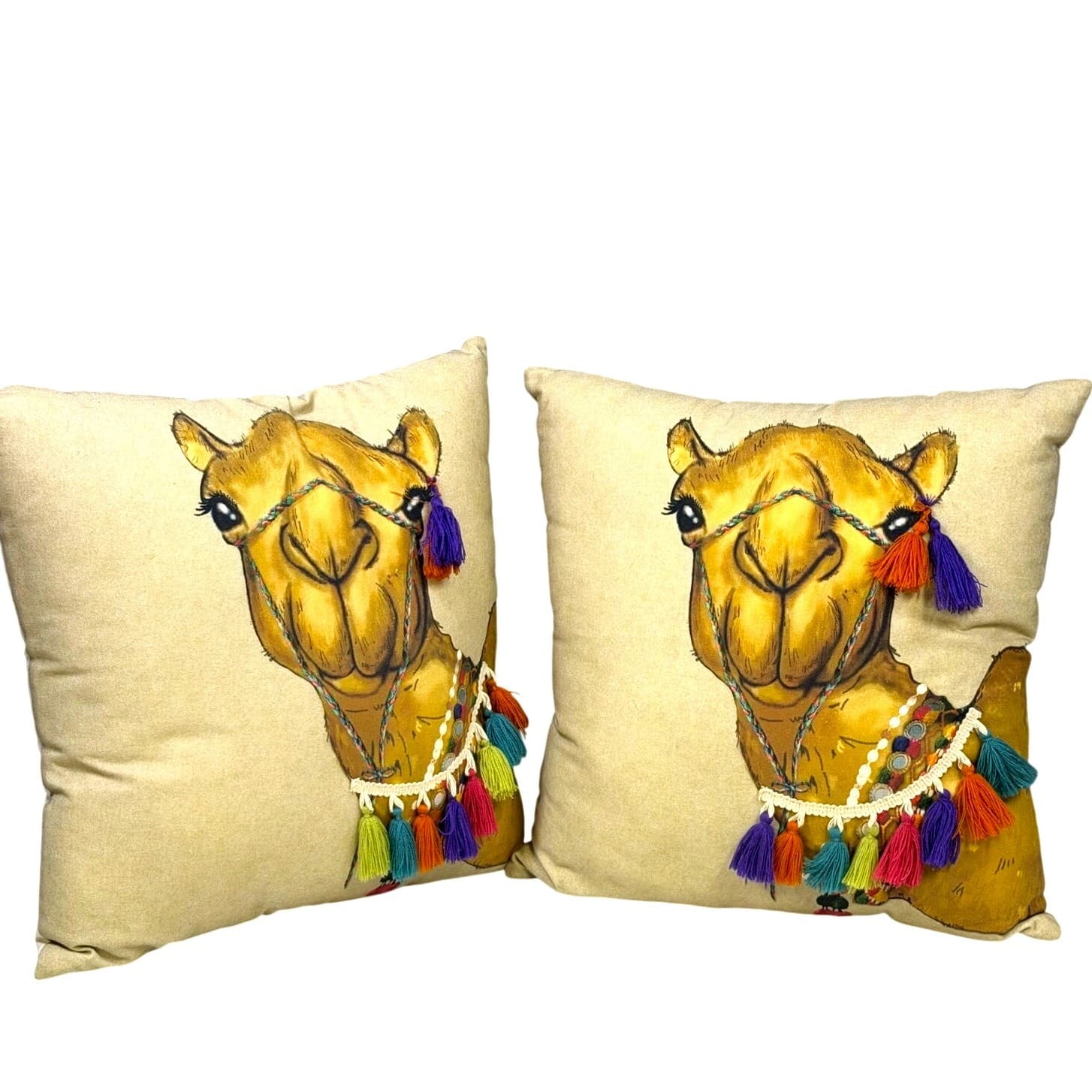 Boho Camel Throw Pillows 17” Tassel Trim Global Decor Cotton India-Set of 2