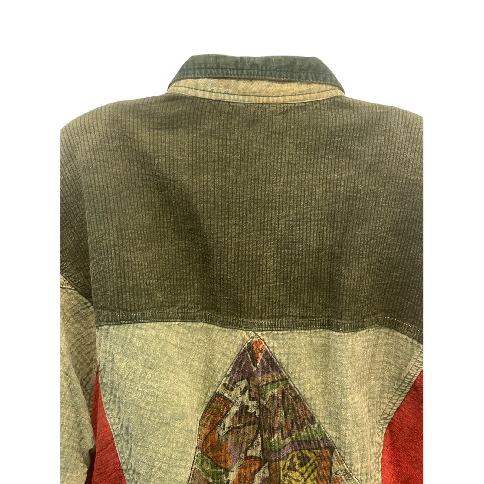Asian inspired Oversized Vintage Washed Denim Colorful Patchwork Chore Jacket-L - Thumbnail 9
