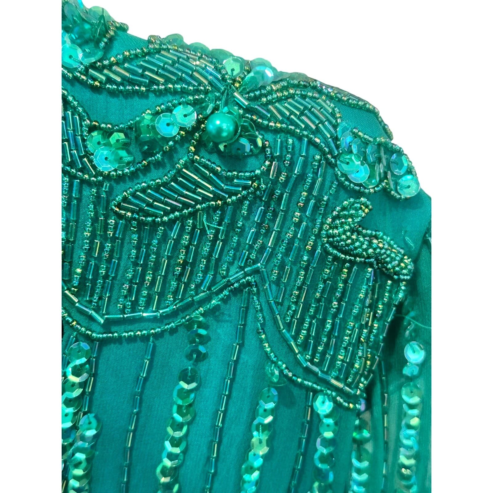 Nadine Boutique Vintage 100% Silk Hand Beaded Turquoise Green Cocktail Dress-M - Thumbnail 8