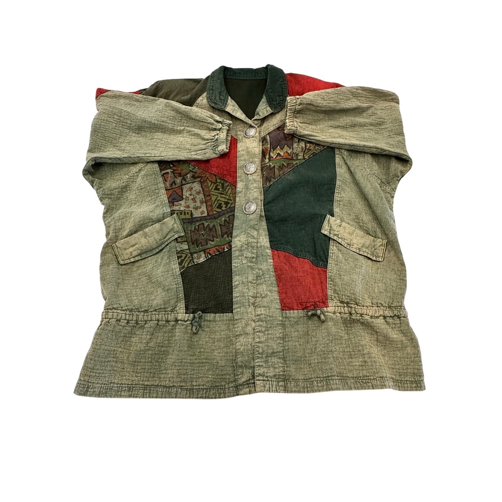 Asian inspired Oversized Vintage Washed Denim Colorful Patchwork Chore Jacket-L - Thumbnail 10