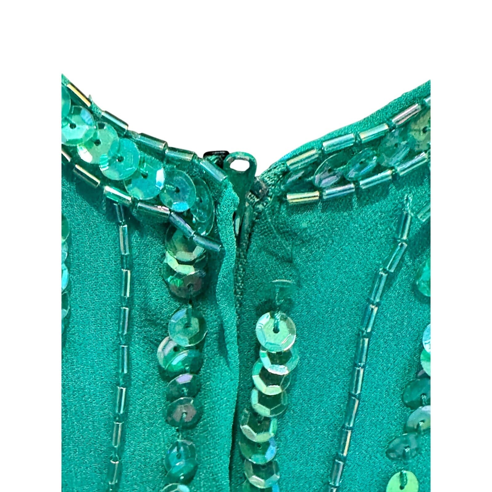 Nadine Boutique Vintage 100% Silk Hand Beaded Turquoise Green Cocktail Dress-M - Thumbnail 11