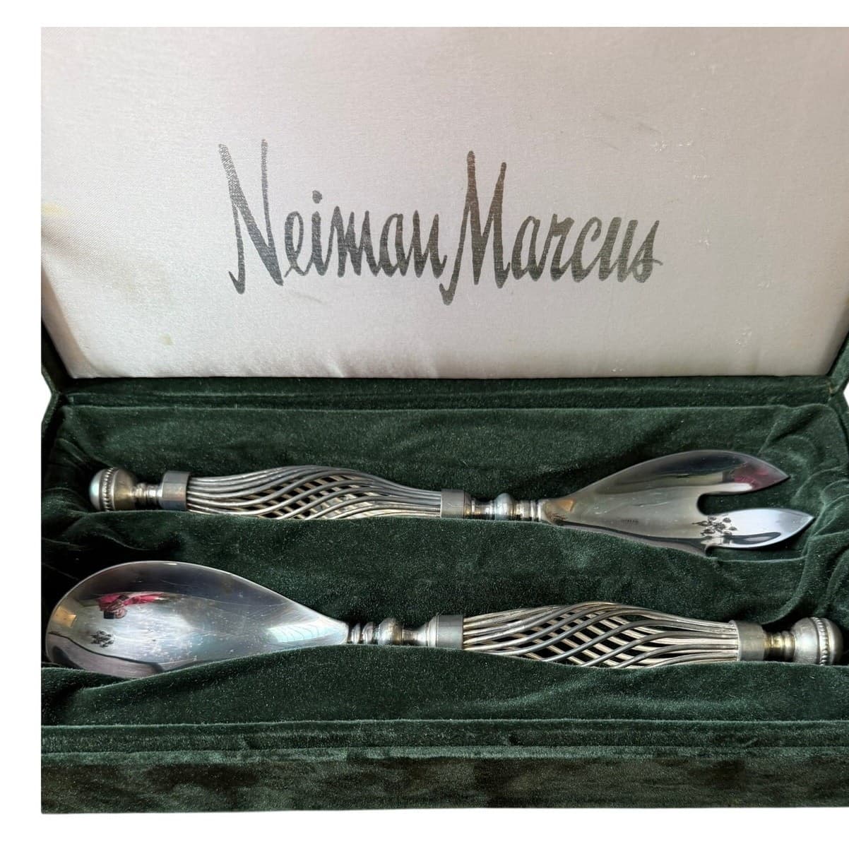 Neiman Marcus Silverplate Salad Serving Set Openwork Handles + Presentation Box - Thumbnail 5