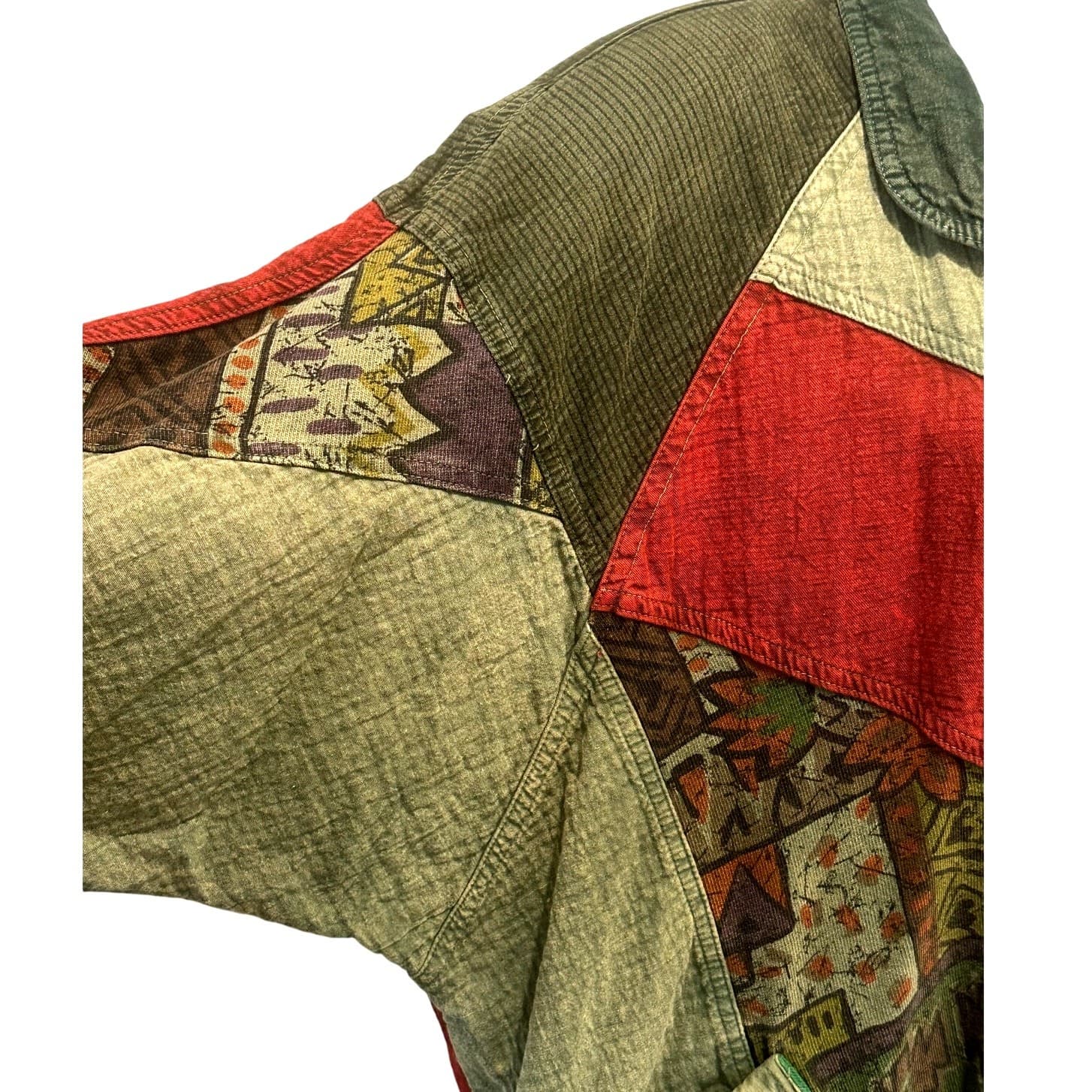Asian inspired Oversized Vintage Washed Denim Colorful Patchwork Chore Jacket-L - Thumbnail 4