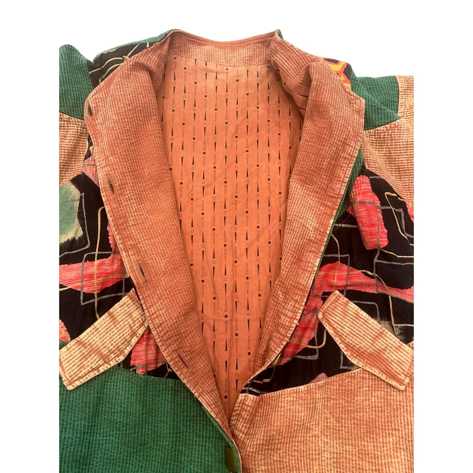 Asian inspired Oversized Vintage Retro 80s Textured Colorful Patchwork Jacket-L - Thumbnail 4