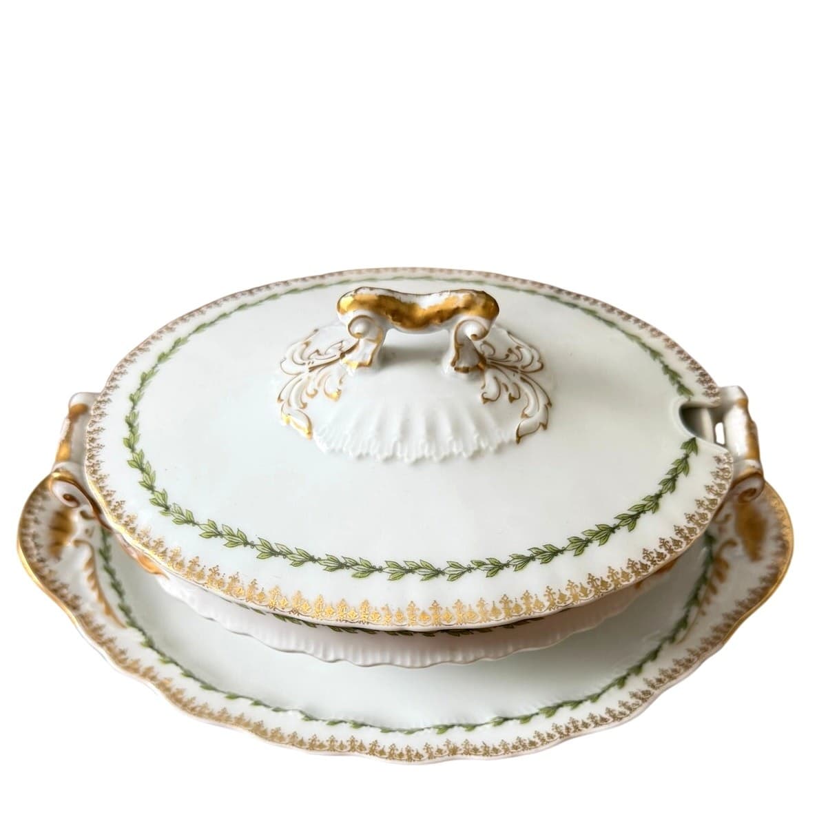 Antique Theodore Haviland Limoges France Covered Vegetable Dish Attached Stand - Thumbnail 2