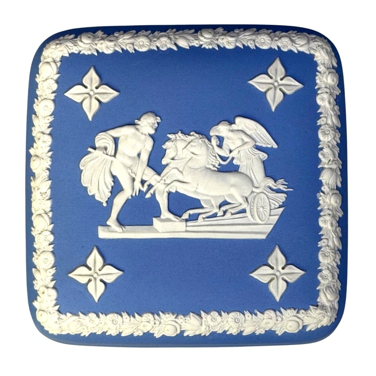 Wedgwood Blue Jasperware Trinket Box Cherub Chariot Relief 4” England