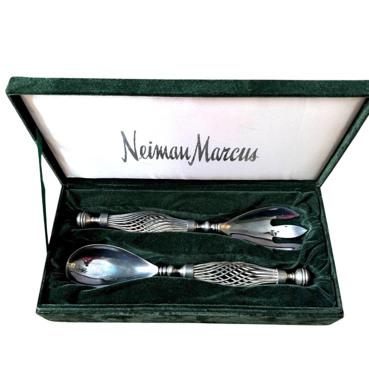 Neiman Marcus Silverplate Salad Serving Set Openwork Handles + Presentation Box