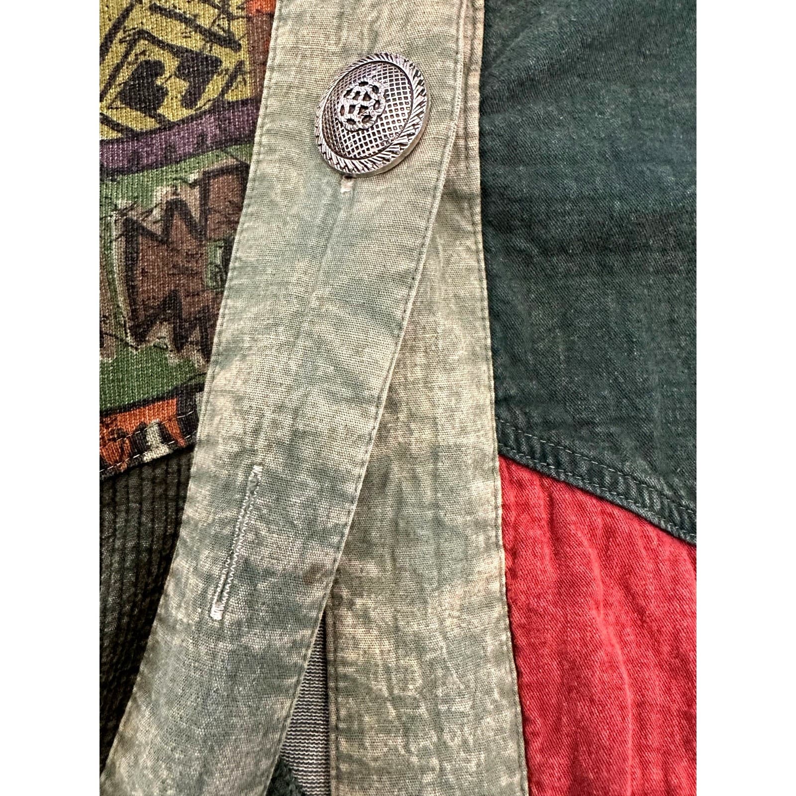 Asian inspired Oversized Vintage Washed Denim Colorful Patchwork Chore Jacket-L - Thumbnail 11