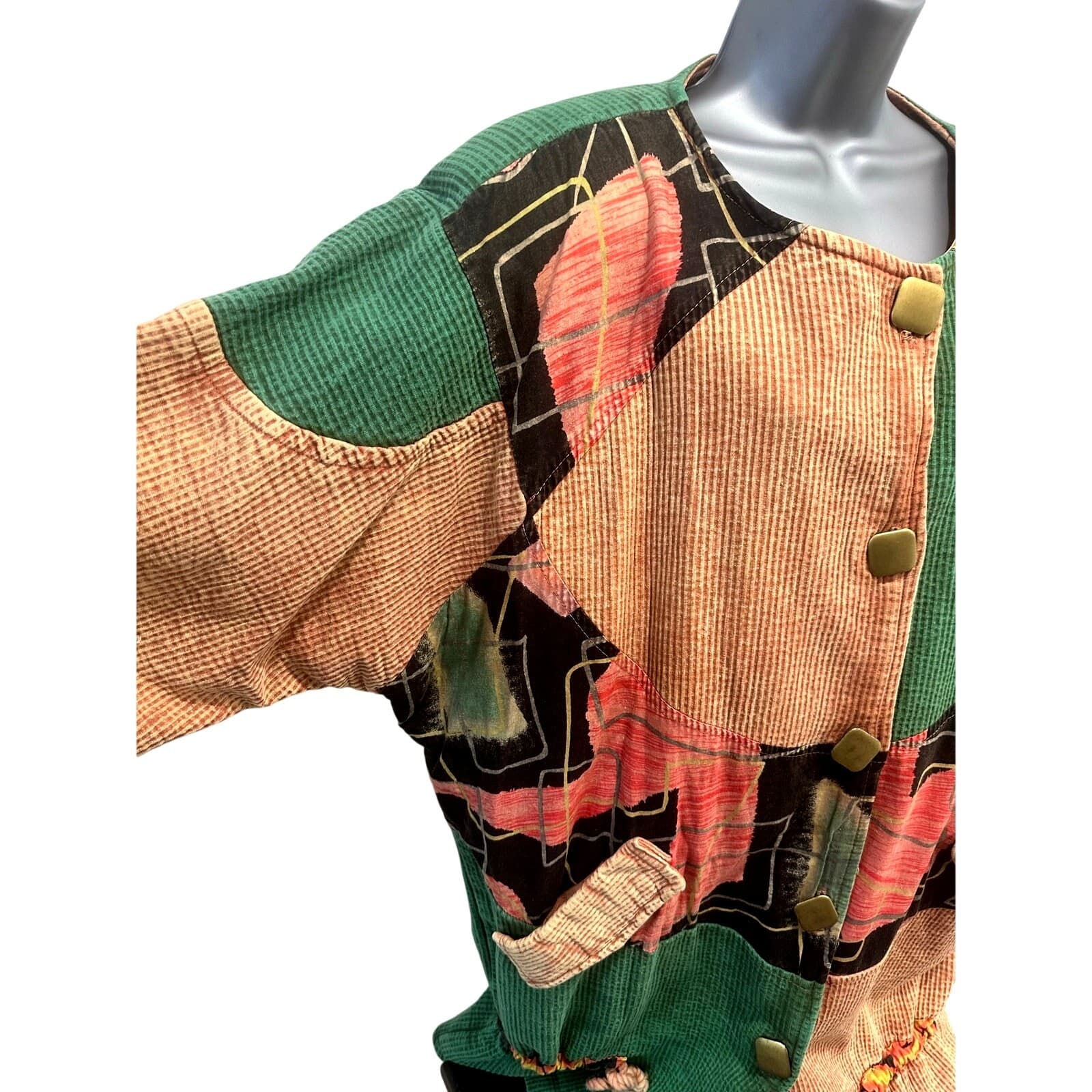 Asian inspired Oversized Vintage Retro 80s Textured Colorful Patchwork Jacket-L - Thumbnail 10