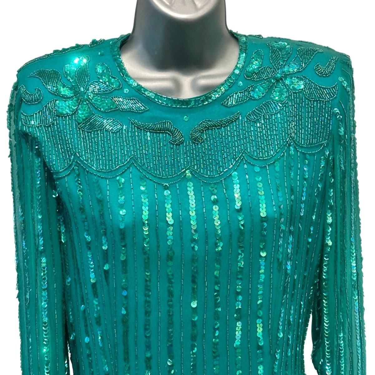 Nadine Boutique Vintage 100% Silk Hand Beaded Turquoise Green Cocktail Dress-M - Thumbnail 3