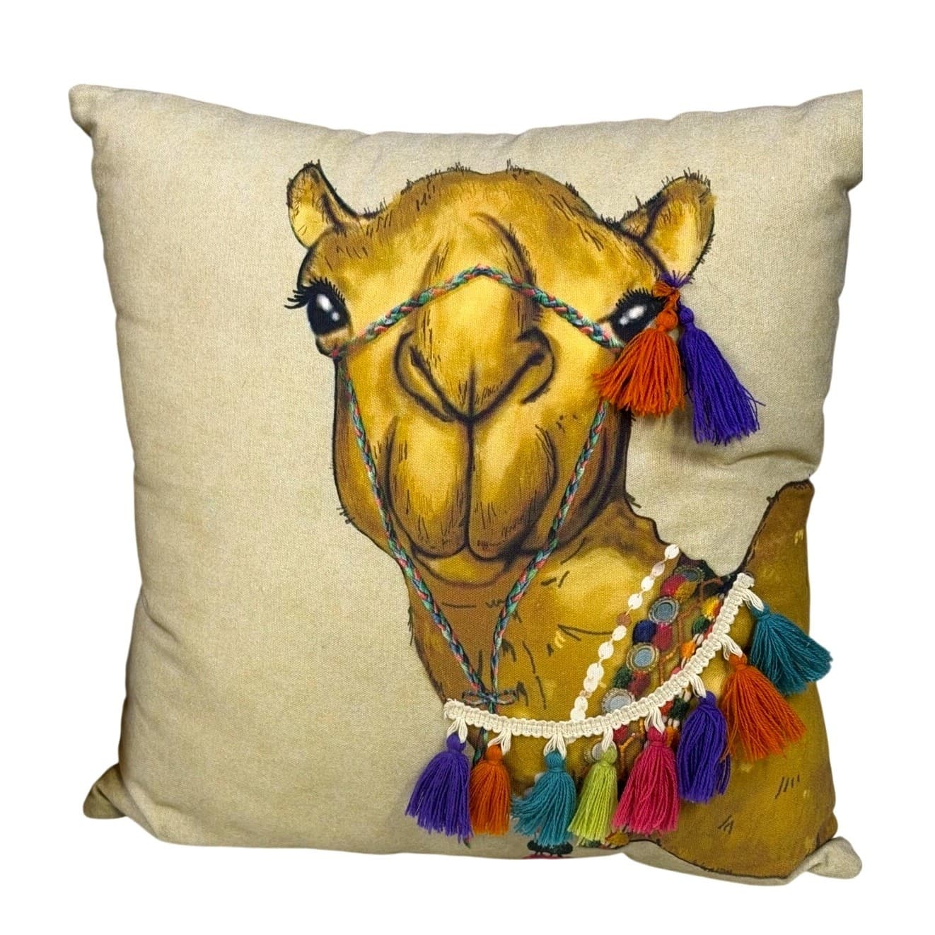 Boho Camel Throw Pillows 17” Tassel Trim Global Decor Cotton India-Set of 2 - Thumbnail 2
