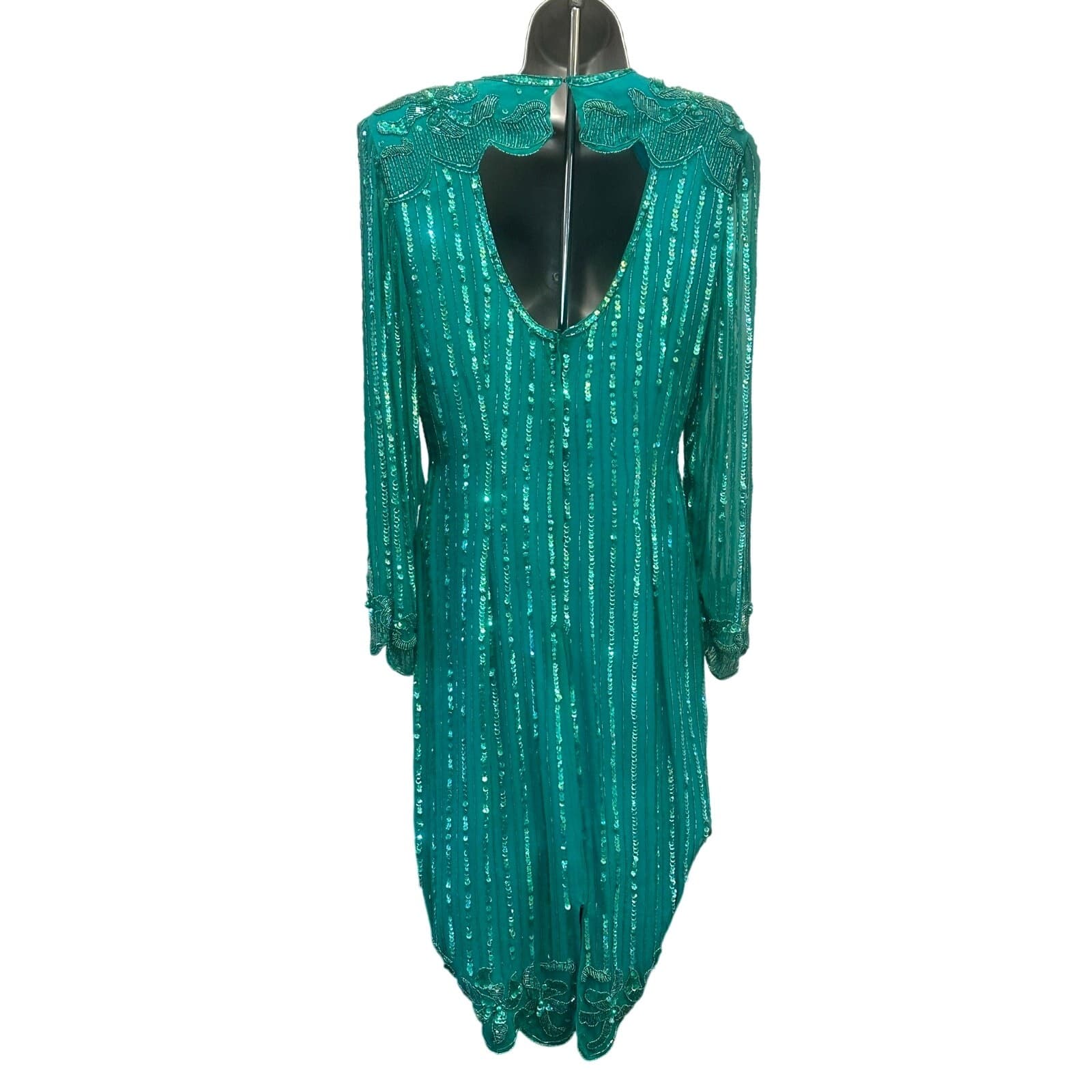 Nadine Boutique Vintage 100% Silk Hand Beaded Turquoise Green Cocktail Dress-M - Thumbnail 6