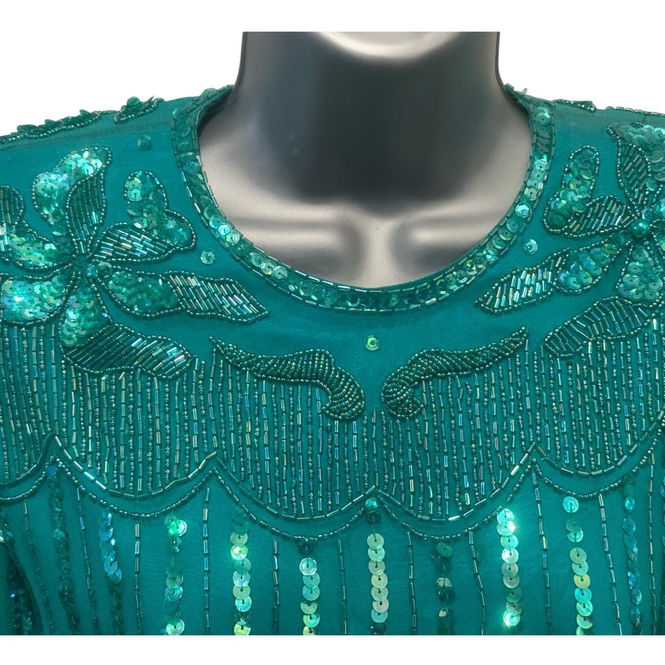 Nadine Boutique Vintage 100% Silk Hand Beaded Turquoise Green Cocktail Dress-M - Thumbnail 4