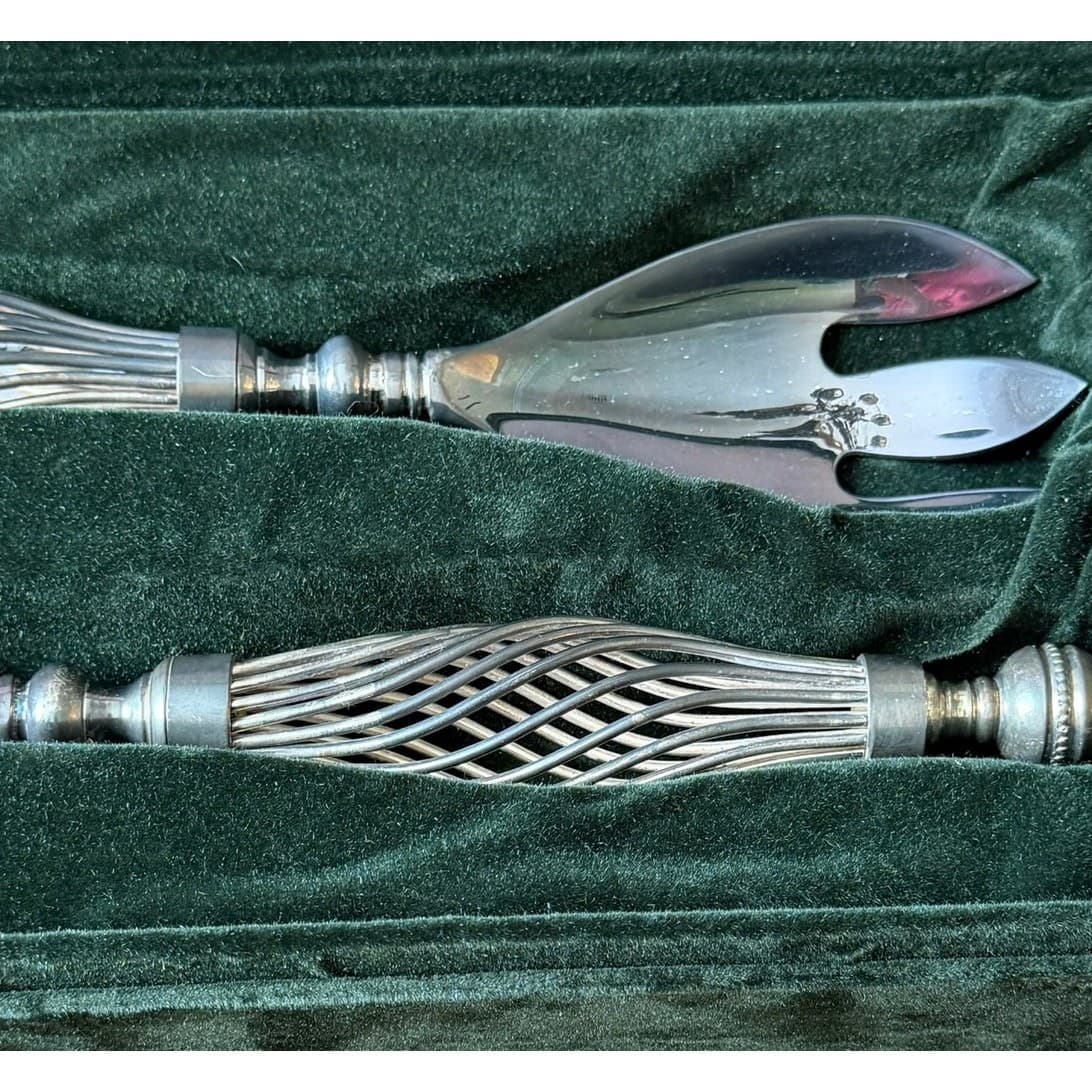 Neiman Marcus Silverplate Salad Serving Set Openwork Handles + Presentation Box - Thumbnail 4