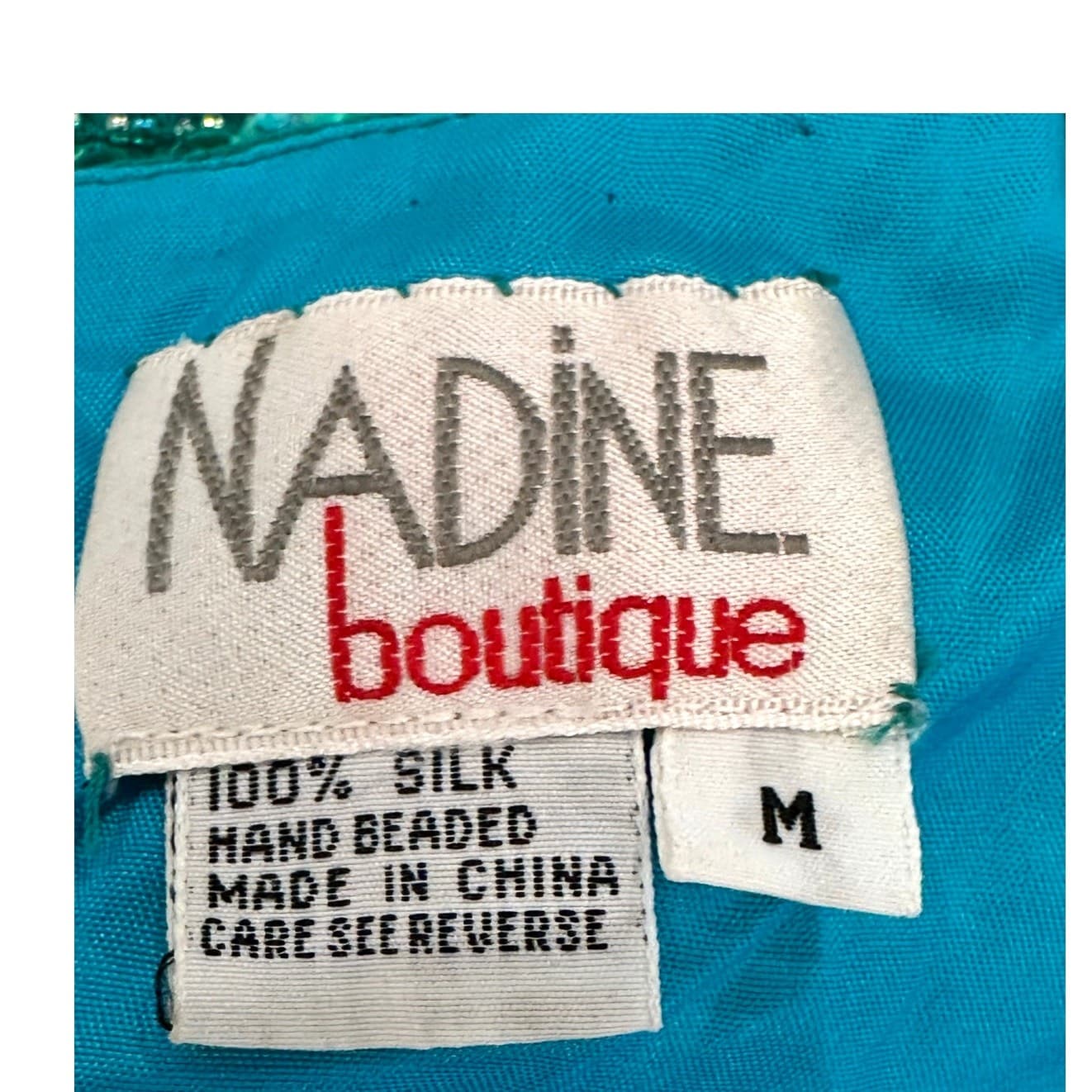 Nadine Boutique Vintage 100% Silk Hand Beaded Turquoise Green Cocktail Dress-M - Thumbnail 2