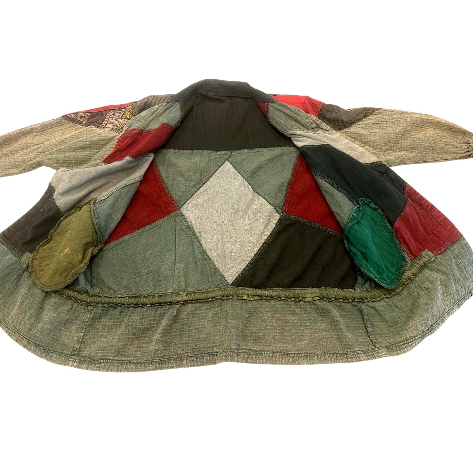 Asian inspired Oversized Vintage Washed Denim Colorful Patchwork Chore Jacket-L - Thumbnail 12