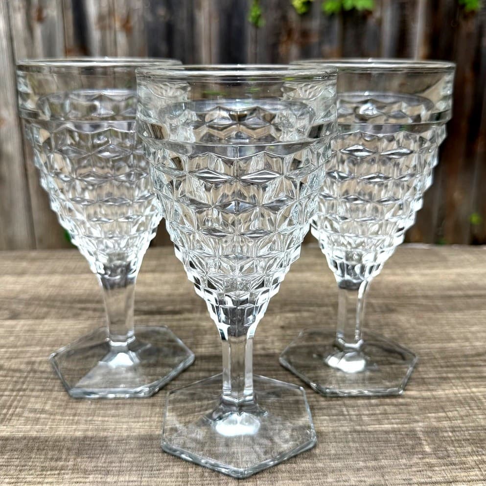 Fostoria 'American' Clear Glass 6 7/8" Vintage Hex Foot Water Goblets-Set of 3