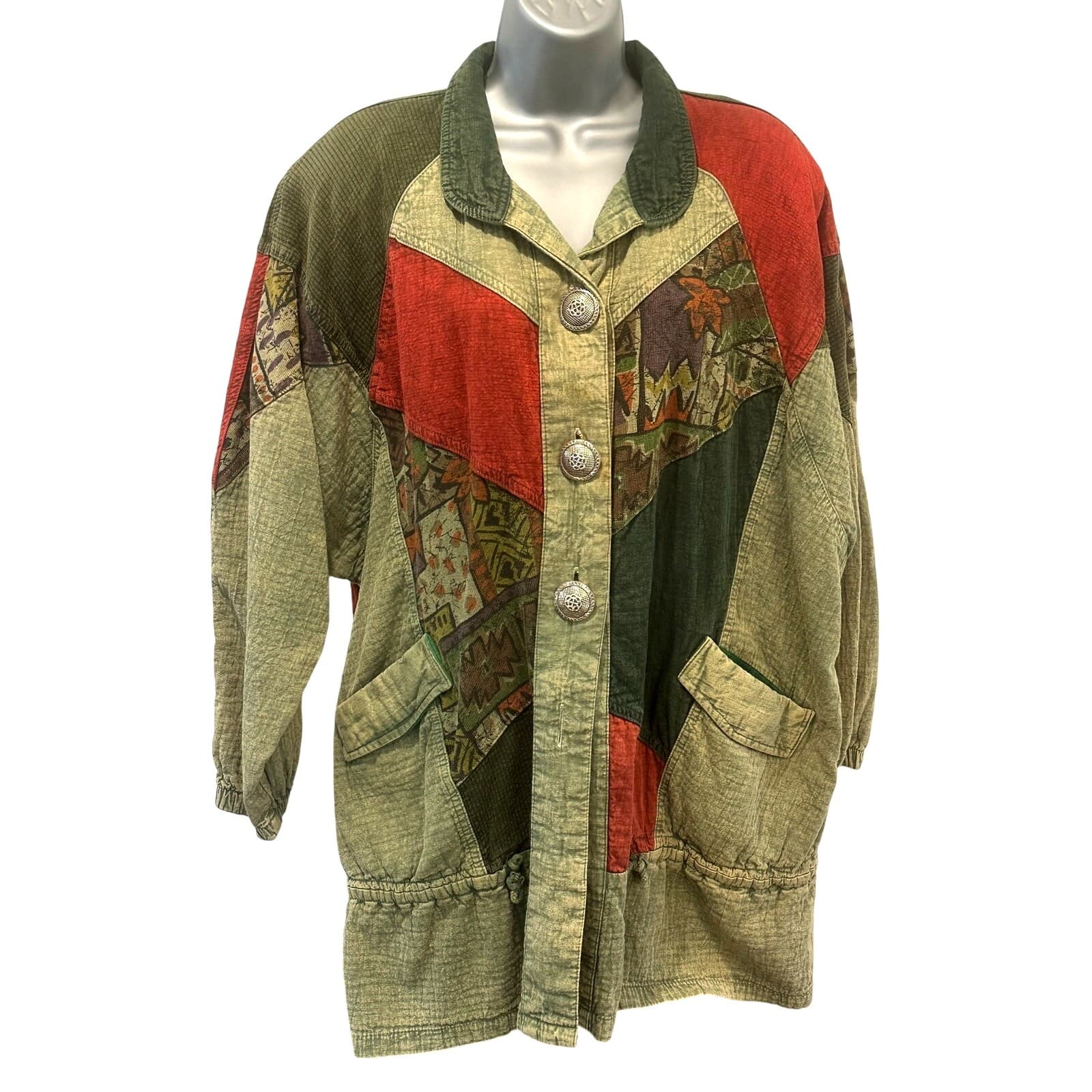 Asian inspired Oversized Vintage Washed Denim Colorful Patchwork Chore Jacket-L