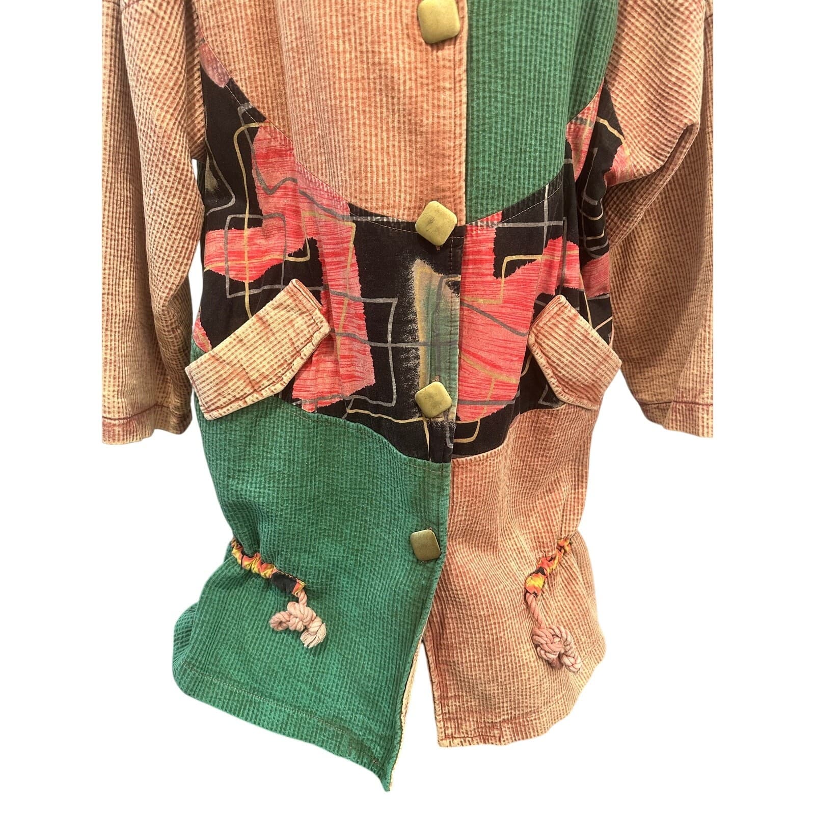 Asian inspired Oversized Vintage Retro 80s Textured Colorful Patchwork Jacket-L - Thumbnail 5