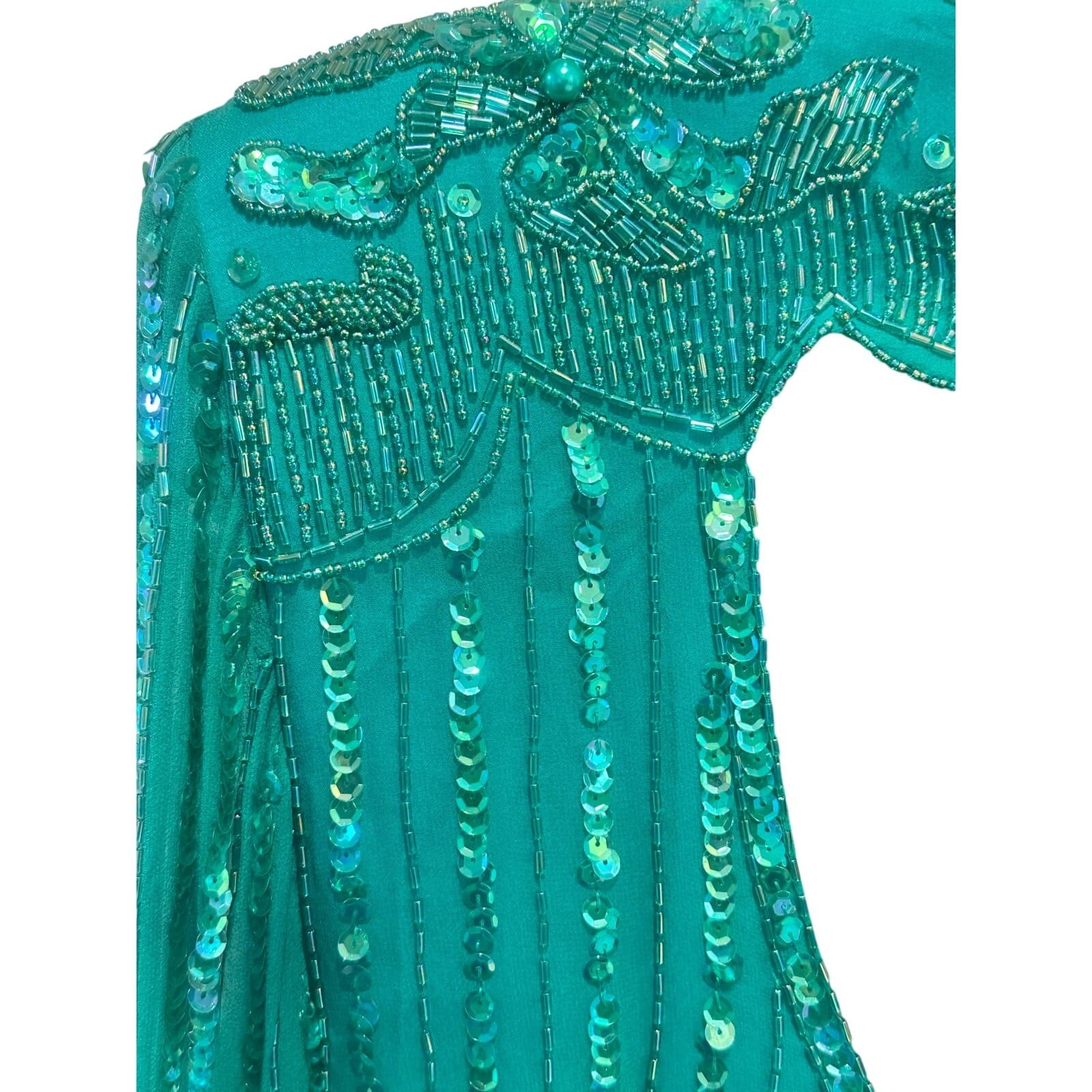 Nadine Boutique Vintage 100% Silk Hand Beaded Turquoise Green Cocktail Dress-M - Thumbnail 7