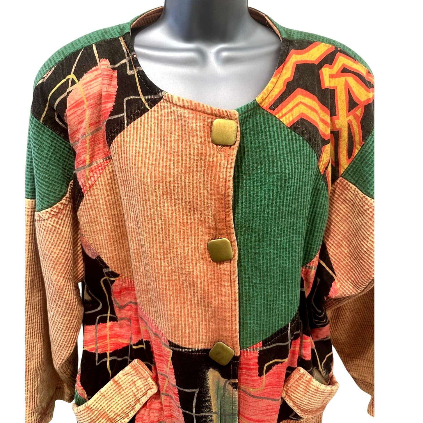 Asian inspired Oversized Vintage Retro 80s Textured Colorful Patchwork Jacket-L - Thumbnail 2