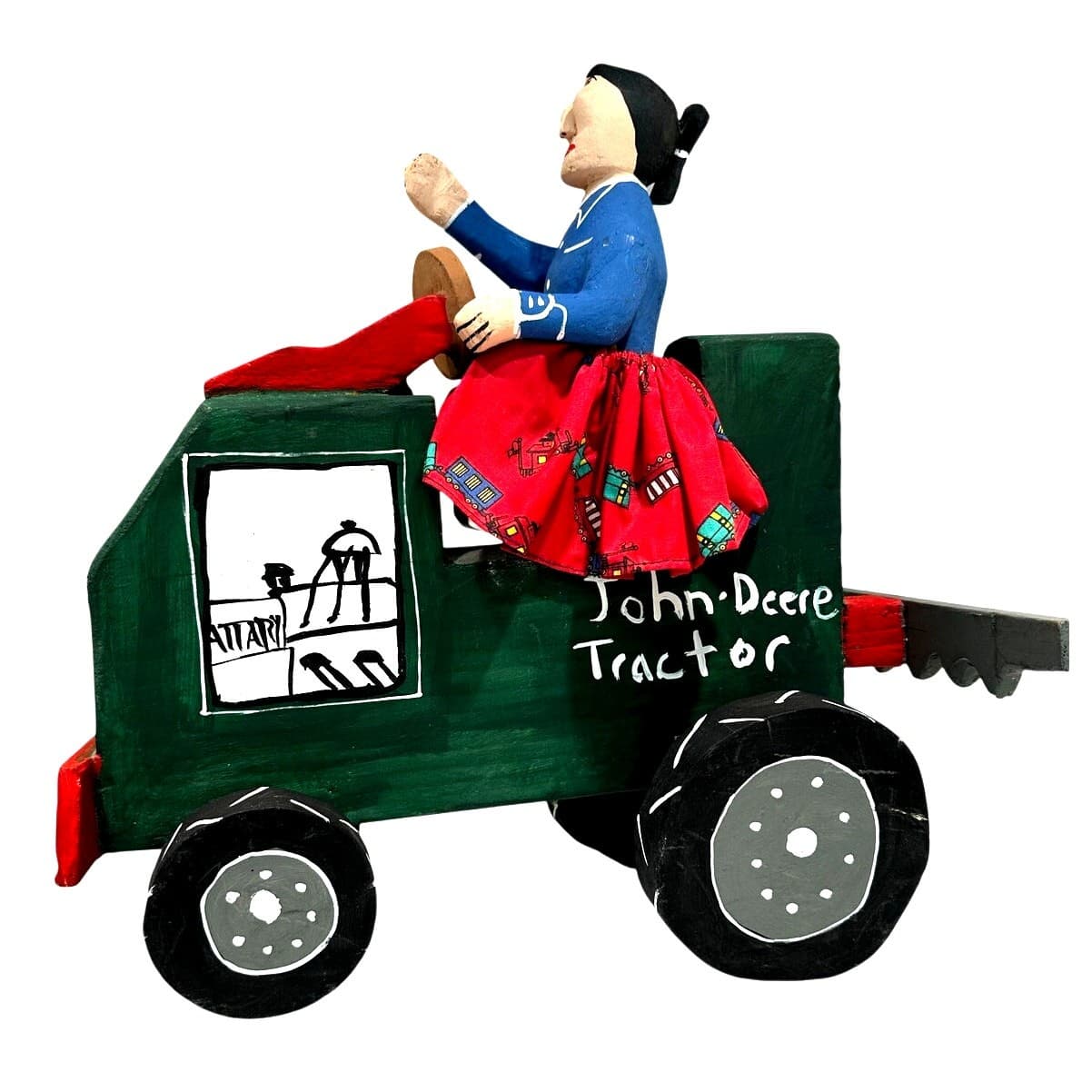 Delbert Buck Navajo Folk Art Wood Carving-Woman and John Deere Tractor-Signed - Thumbnail 6