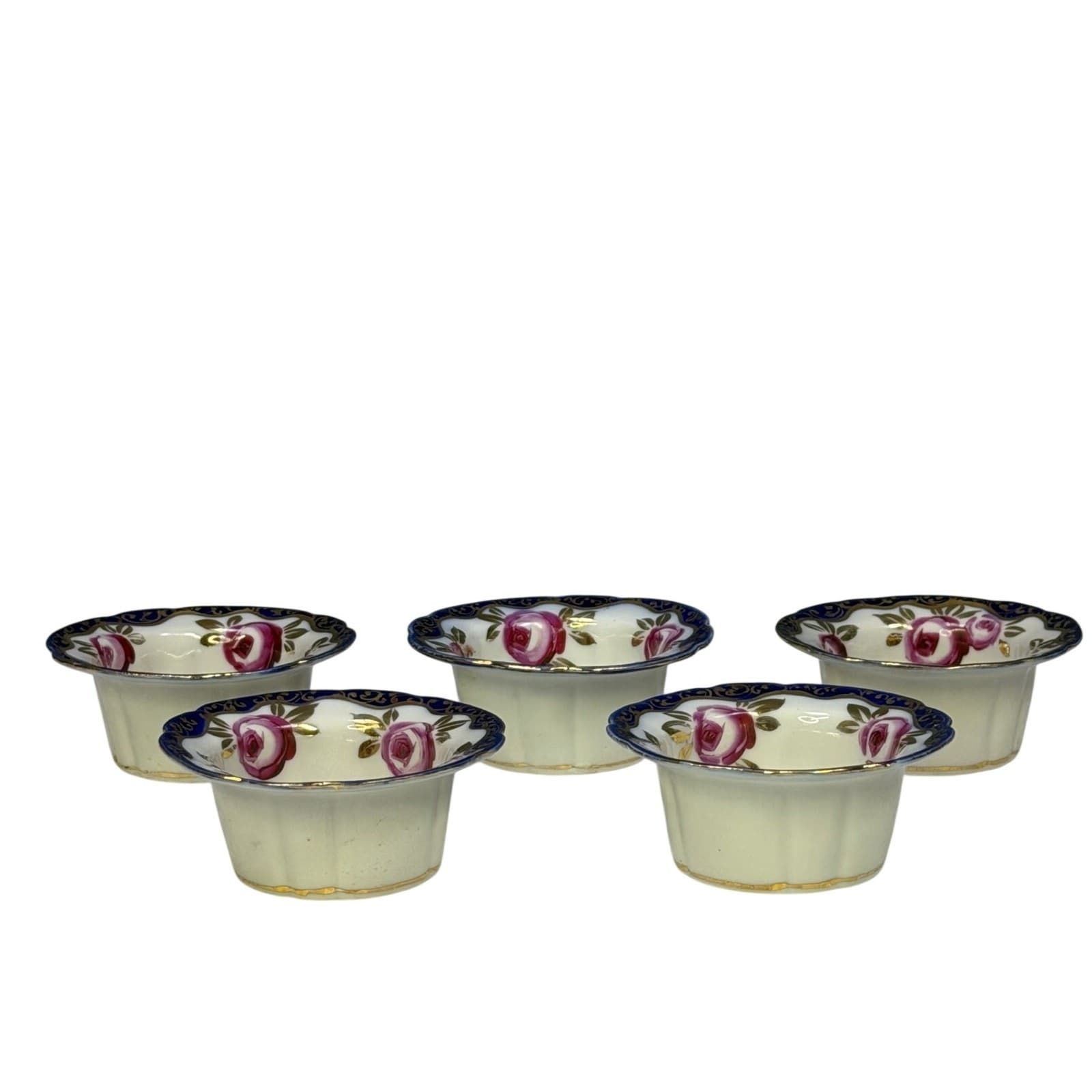 Antique Porcelain 4" Dip Bowls Cobalt Blue Gold Gilt Hand Painted Roses-Set of 5 - Thumbnail 2