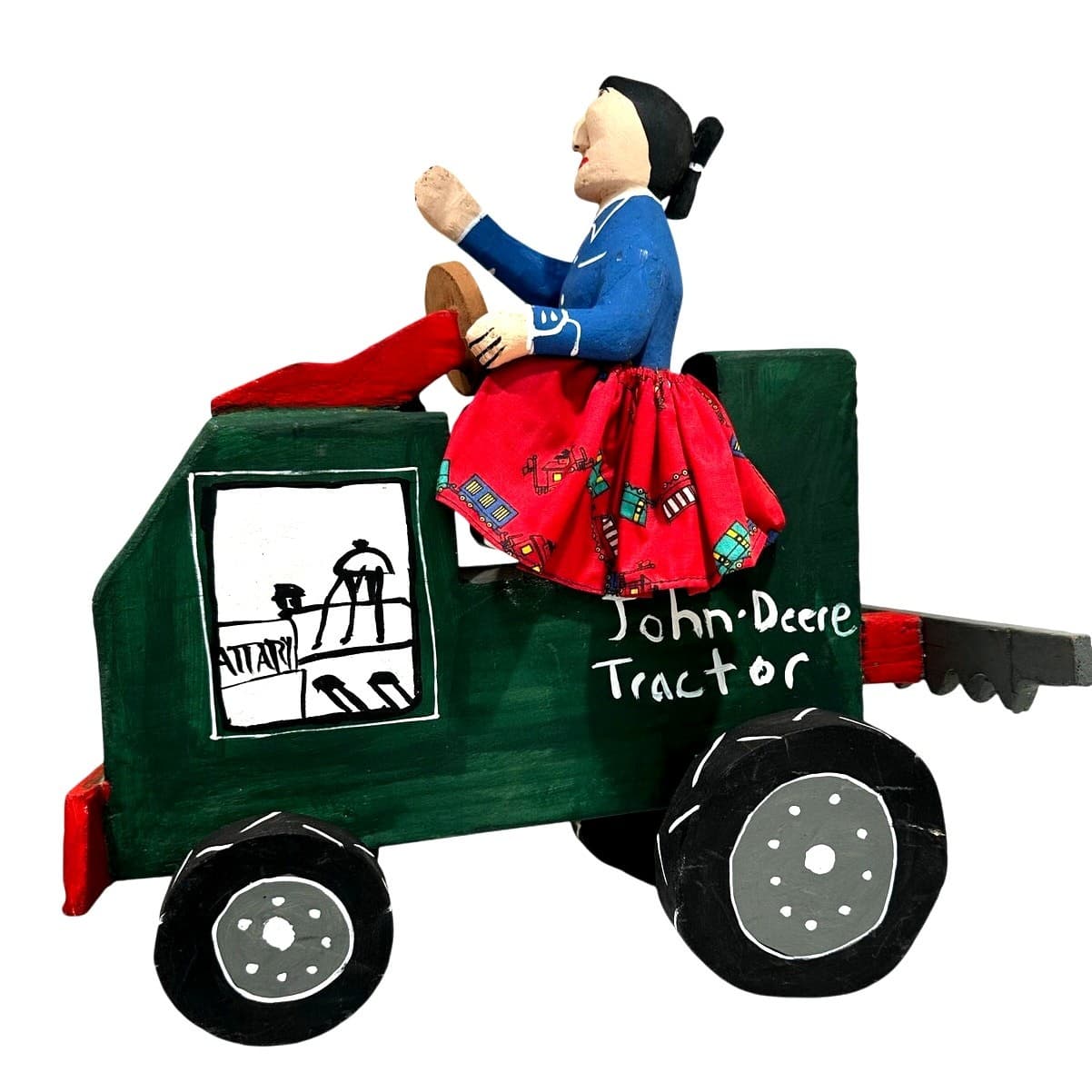Delbert Buck Navajo Folk Art Wood Carving-Woman and John Deere Tractor-Signed - Thumbnail 8