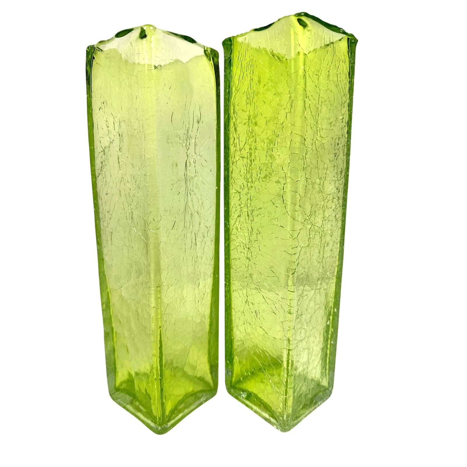 Art Glass MCM Vibrant Green Vintage Crackle Finish Rectangular 10" Vases-Pair! - Thumbnail 4
