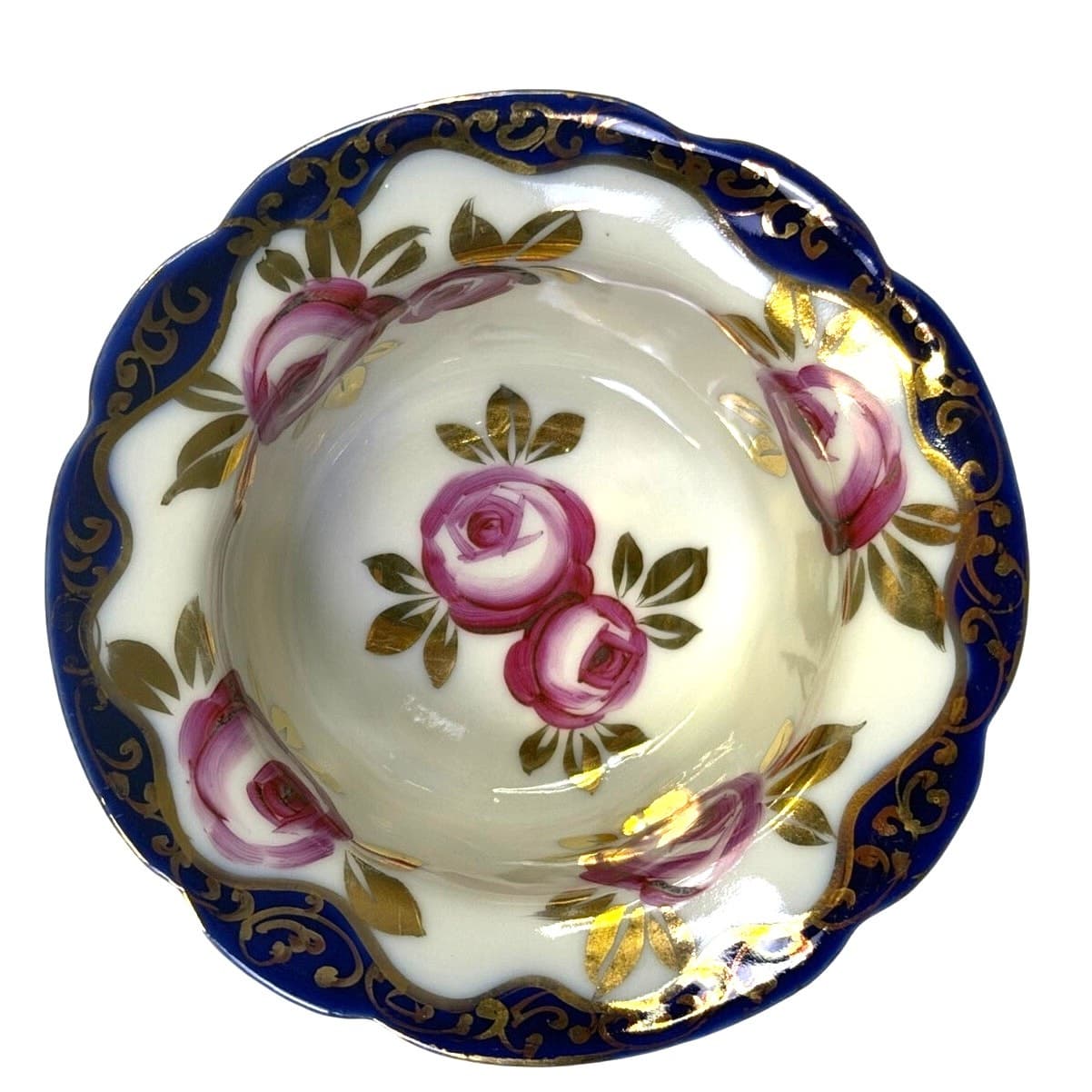Antique Porcelain 4" Dip Bowls Cobalt Blue Gold Gilt Hand Painted Roses-Set of 5 - Thumbnail 3