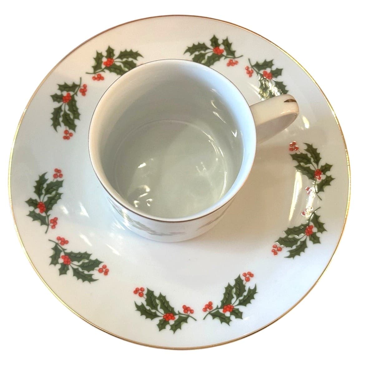 Christmas Holly Berries Japan Gold Rim Porcelain Holiday Mugs & Plates-Set of 4 - Thumbnail 3