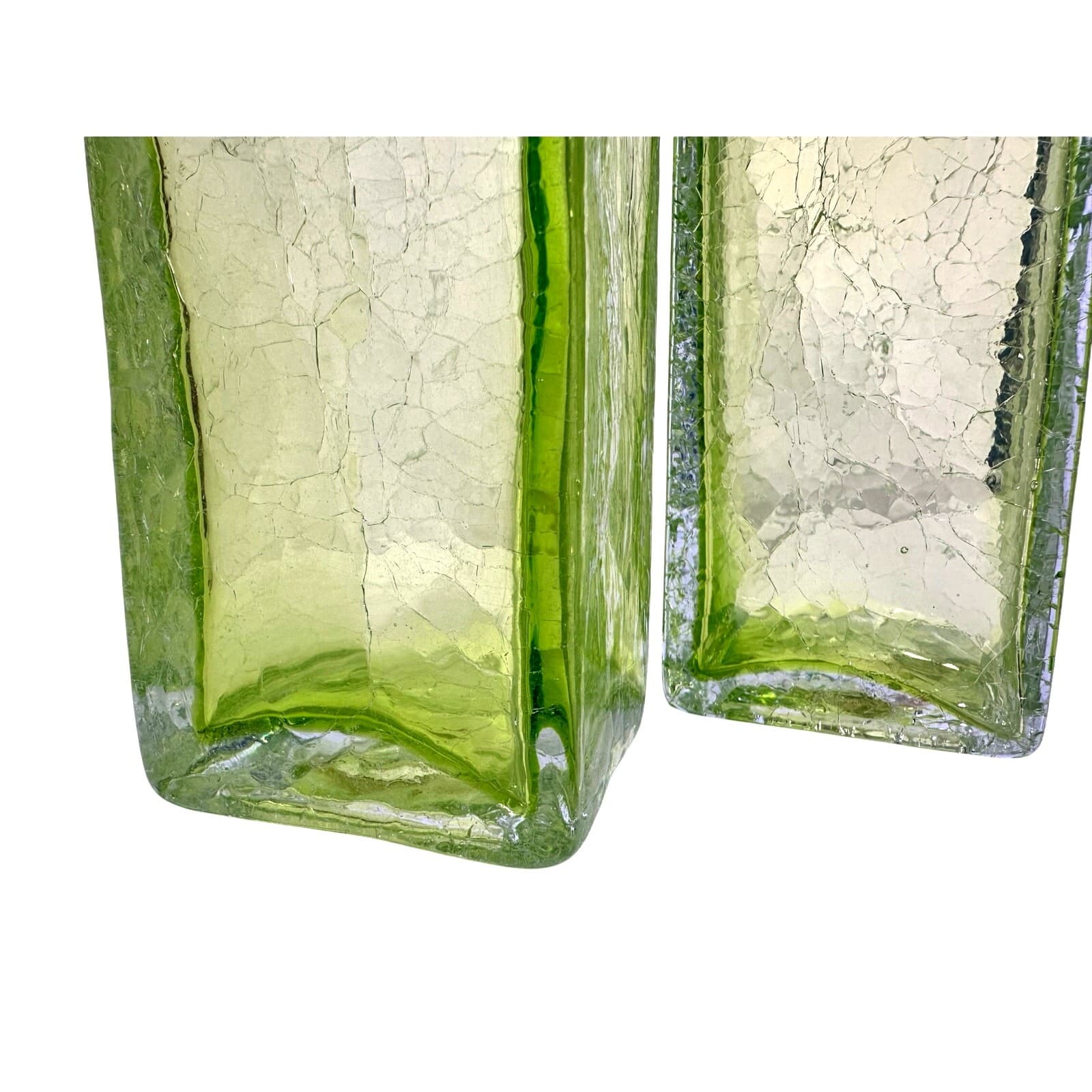 Art Glass MCM Vibrant Green Vintage Crackle Finish Rectangular 10" Vases-Pair! - Thumbnail 5