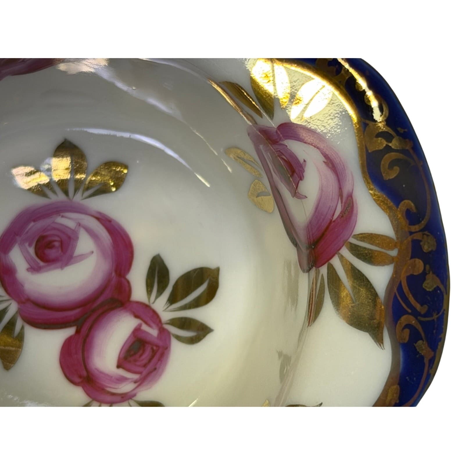 Antique Porcelain 4" Dip Bowls Cobalt Blue Gold Gilt Hand Painted Roses-Set of 5 - Thumbnail 6