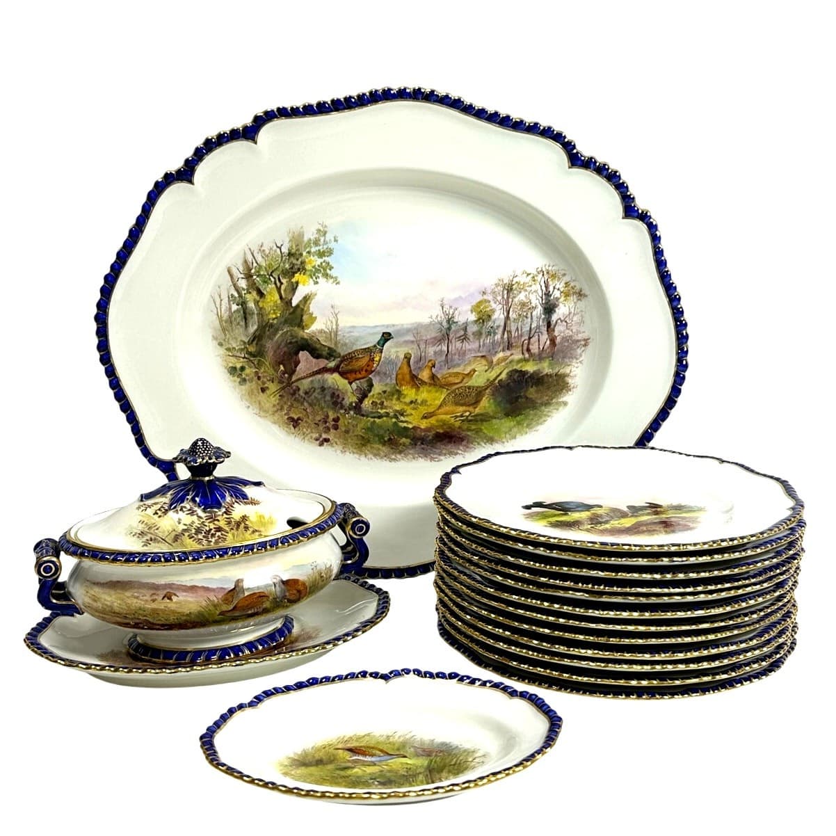 Antique Royal Worcester 1898 George Johnson Hand Painted Game Bird China-17 Pcs
