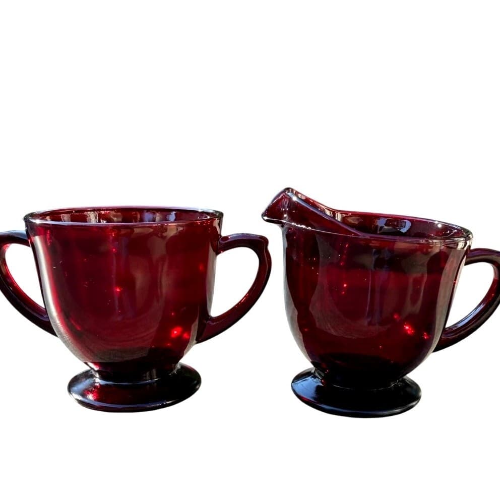 Anchor Hocking Retired R4000 Royal Ruby Footed Creamer and Open Sugar-Excellent - Thumbnail 8