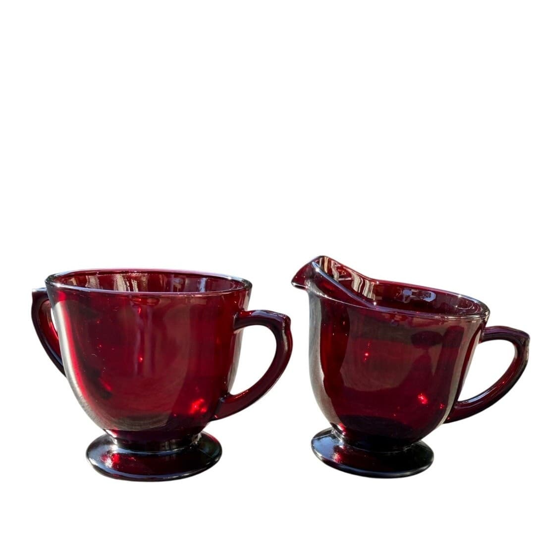 Anchor Hocking Retired R4000 Royal Ruby Footed Creamer and Open Sugar-Excellent - Thumbnail 5