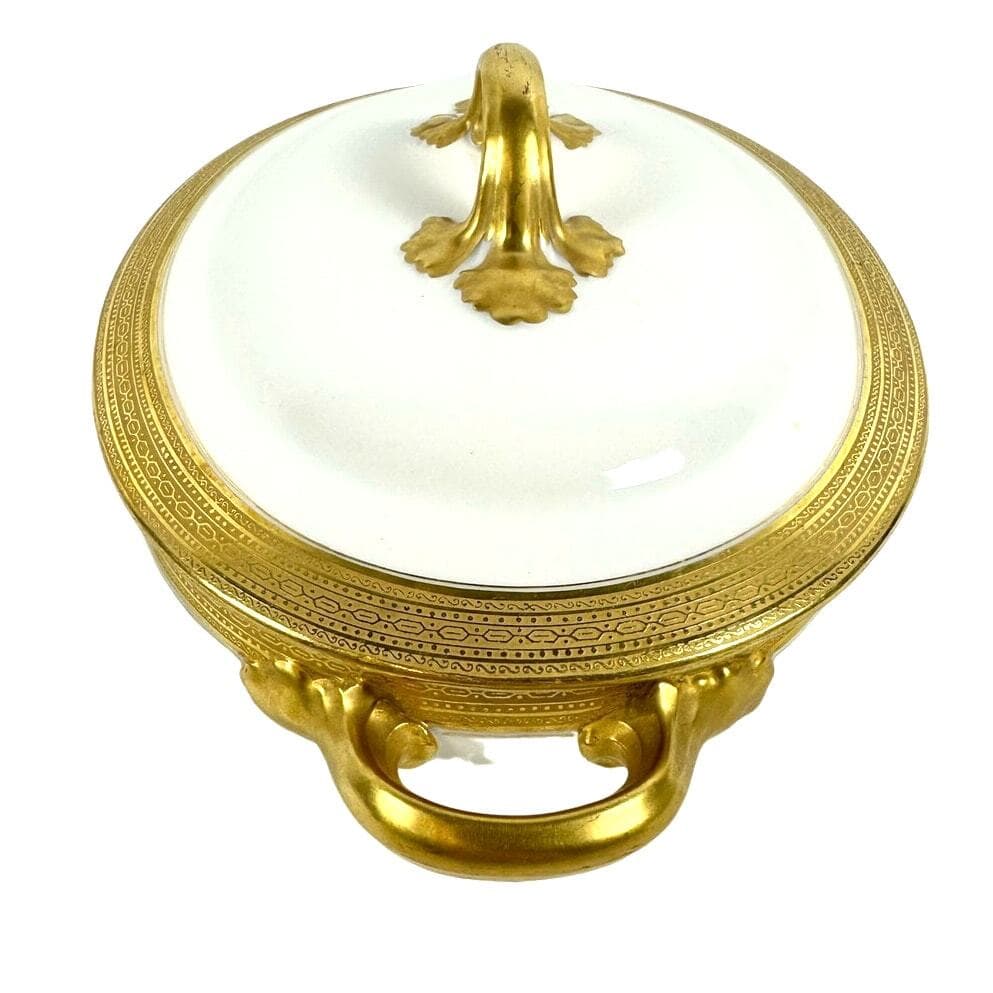 Wm Guerin & Co Limoges France White Antique Covered Serving Dish Gold Accents! - Thumbnail 2