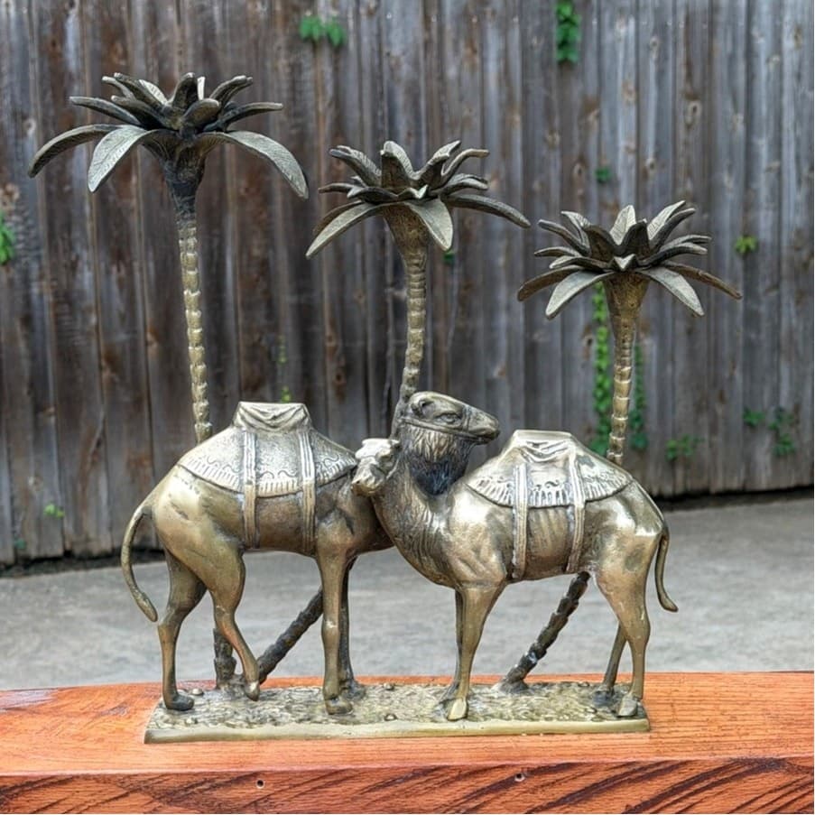 Vintage Brass Camel Palm Tree Candle Holder Sculpture Hollywood Regency MCM - Thumbnail 3