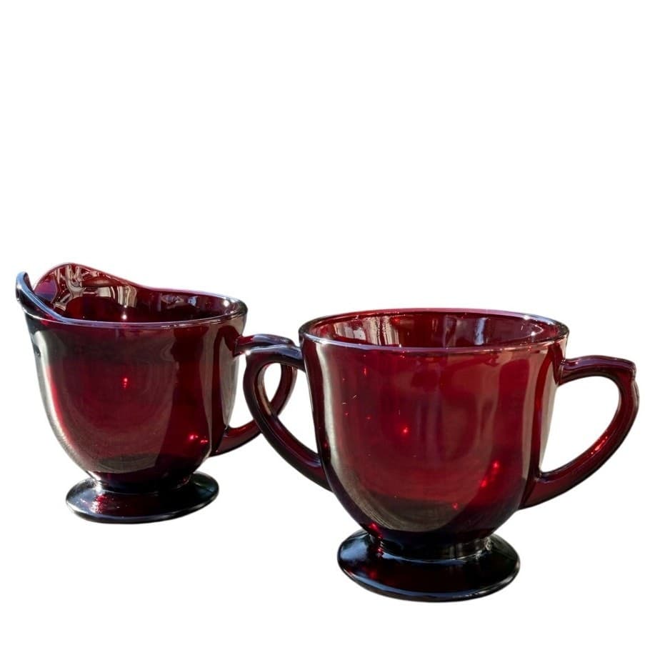 Anchor Hocking Retired R4000 Royal Ruby Footed Creamer and Open Sugar-Excellent - Thumbnail 3