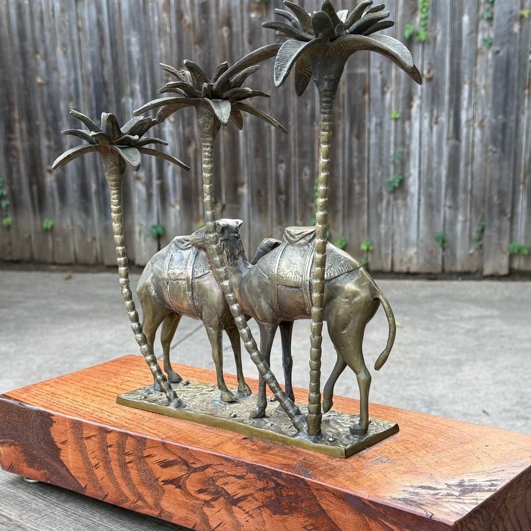 Vintage Brass Camel Palm Tree Candle Holder Sculpture Hollywood Regency MCM - Thumbnail 18