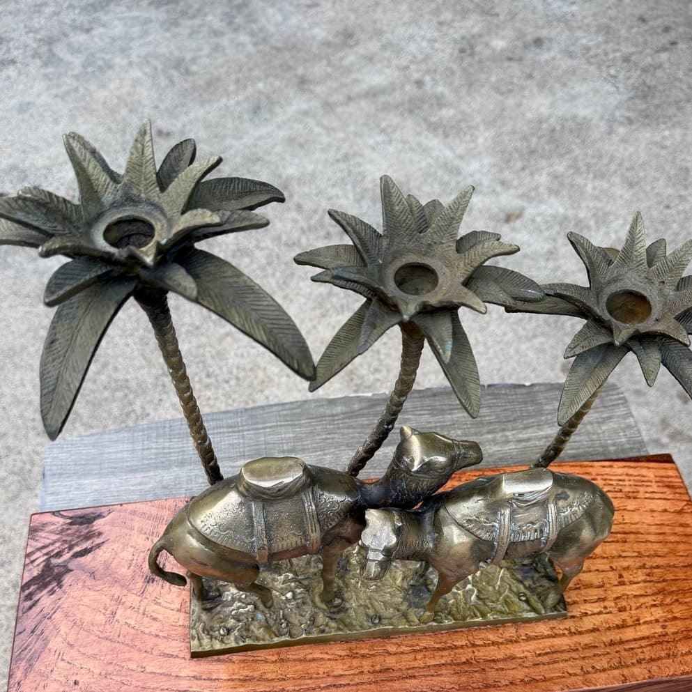 Vintage Brass Camel Palm Tree Candle Holder Sculpture Hollywood Regency MCM - Thumbnail 7