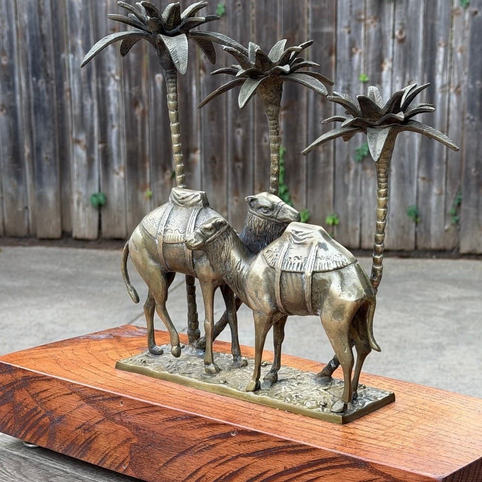 Vintage Brass Camel Palm Tree Candle Holder Sculpture Hollywood Regency MCM - Thumbnail 5