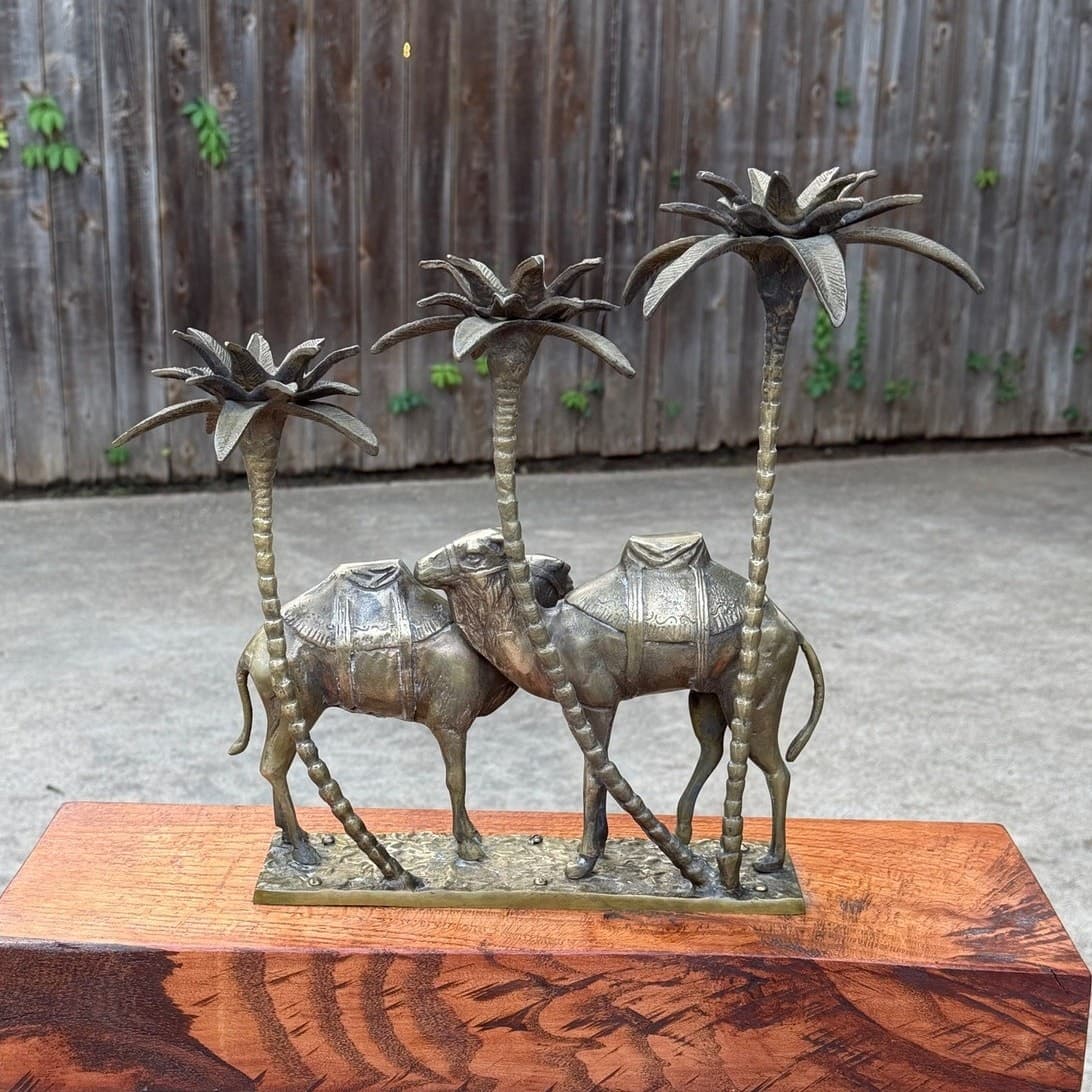 Vintage Brass Camel Palm Tree Candle Holder Sculpture Hollywood Regency MCM - Thumbnail 11
