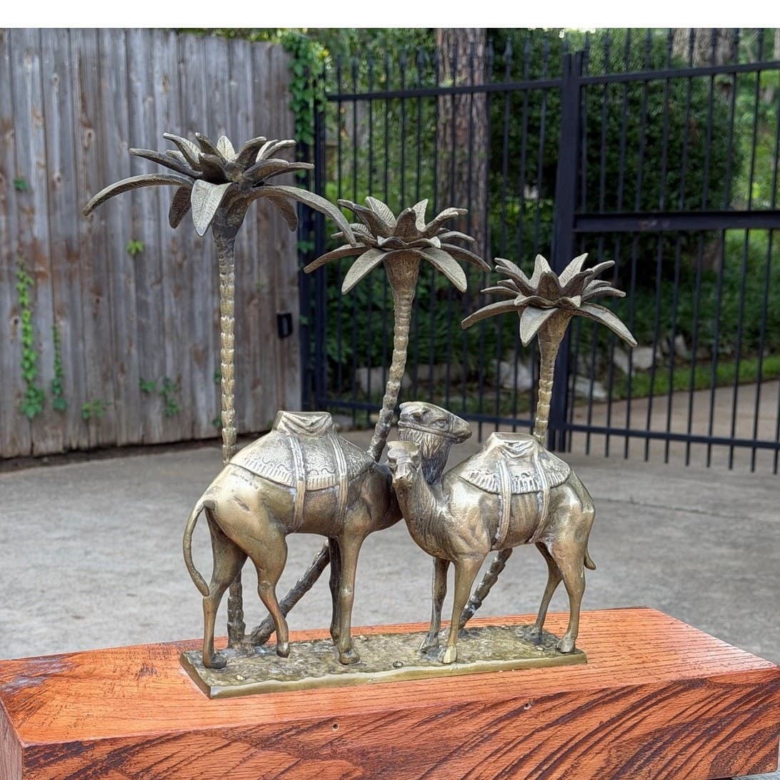 Vintage Brass Camel Palm Tree Candle Holder Sculpture Hollywood Regency MCM - Thumbnail 6