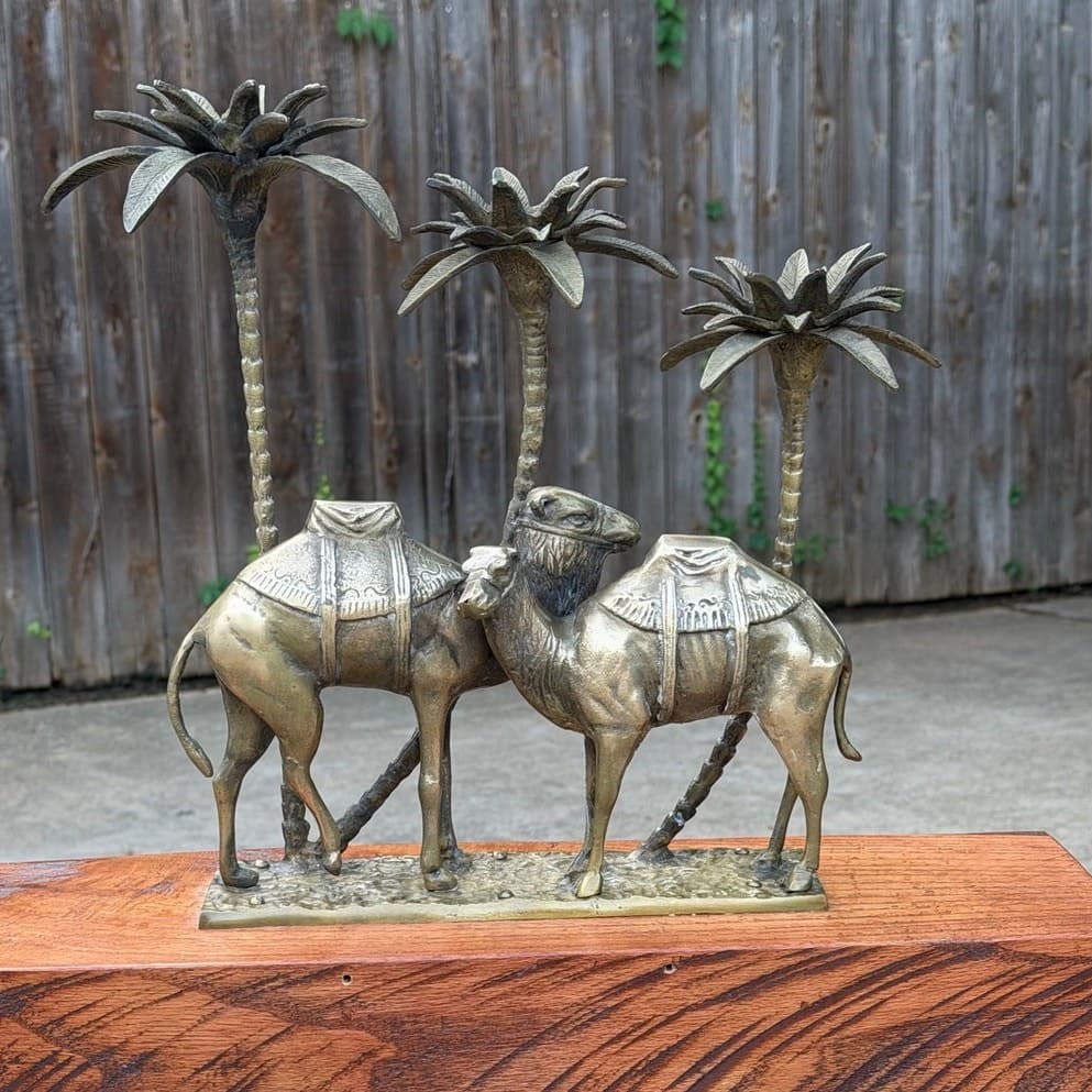 Vintage Brass Camel Palm Tree Candle Holder Sculpture Hollywood Regency MCM - Thumbnail 13