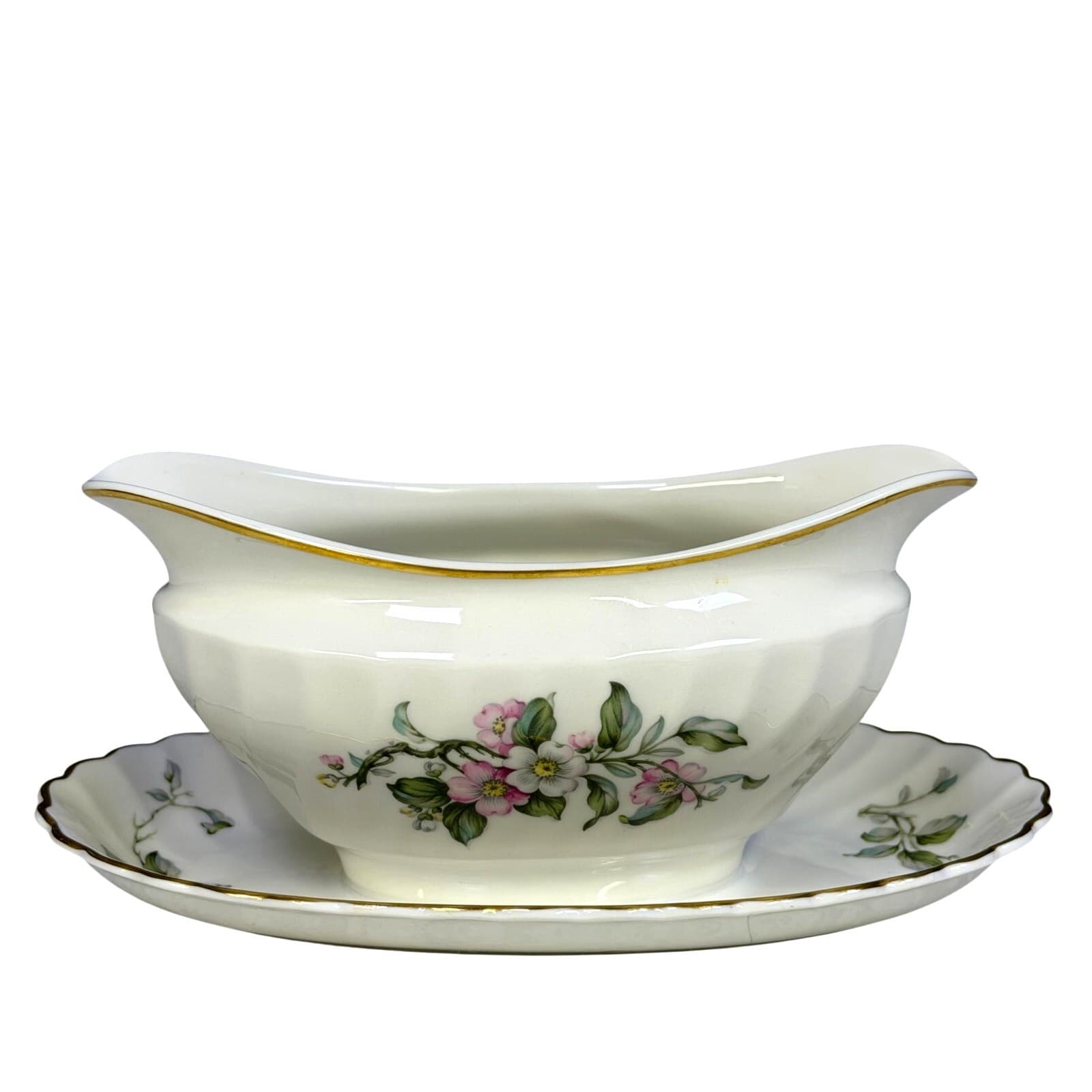 Syracuse Retired 'Apple Blossom' 1950-1967 Gravy Boat with Attached Underplate - Thumbnail 3