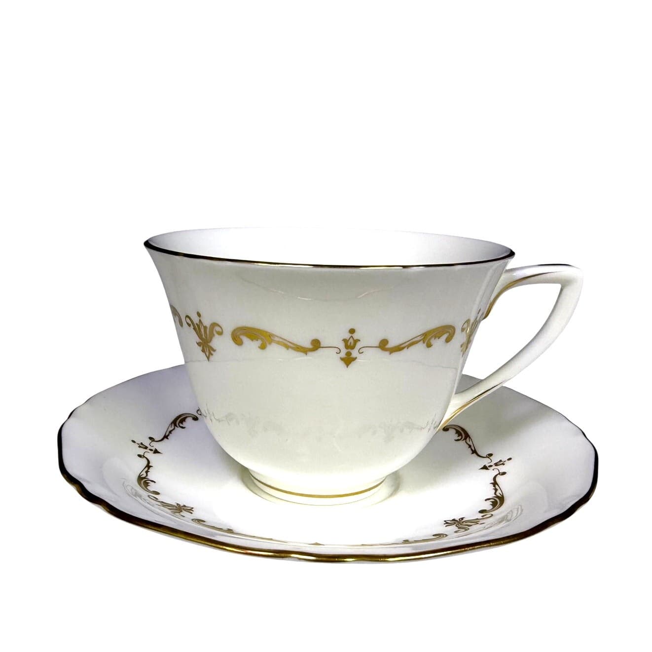 Royal Worcester Retired Gold Chantilly Bone China Footed Cups & Saucers-Set of 5 - Thumbnail 2