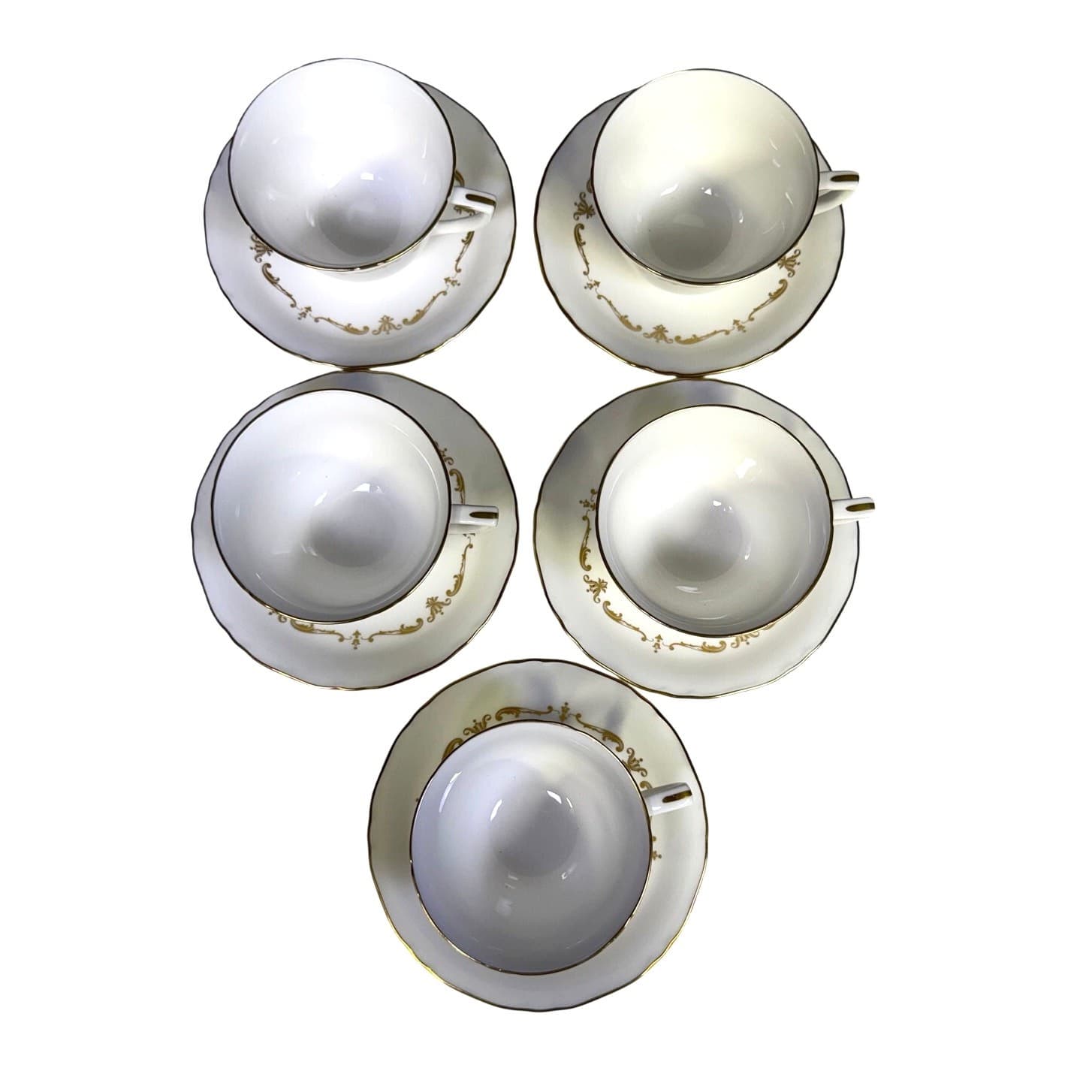 Royal Worcester Retired Gold Chantilly Bone China Footed Cups & Saucers-Set of 5 - Thumbnail 3
